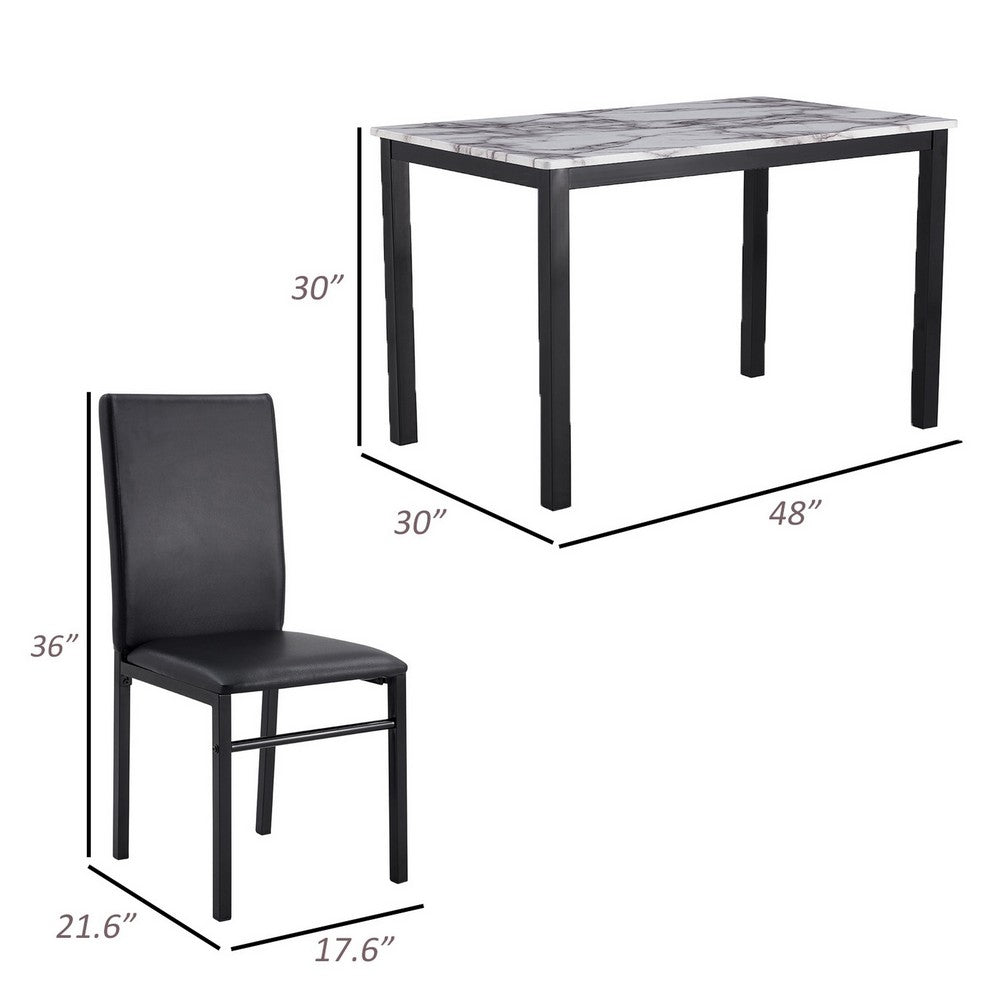 Benjara Riley 5 Piece Dining Table Set, Wood, 4 Chairs, White Fabric Upholstery