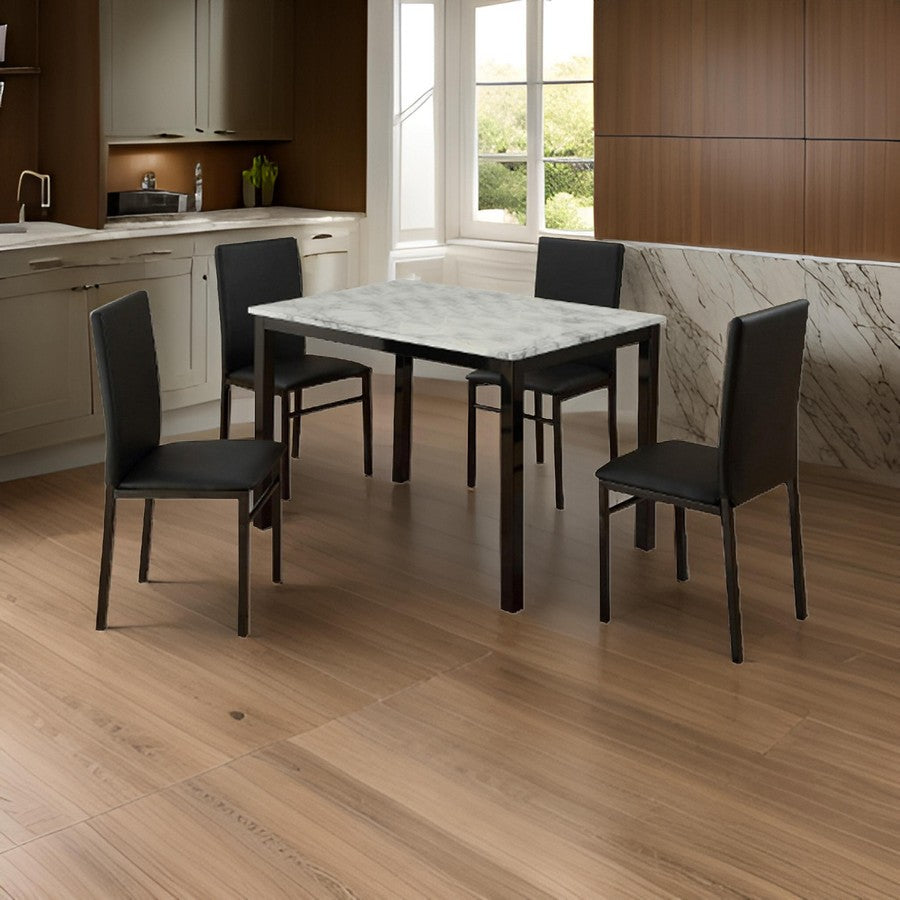 Benjara Riley 5 Piece Dining Table Set, Wood, 4 Chairs, White Fabric Upholstery