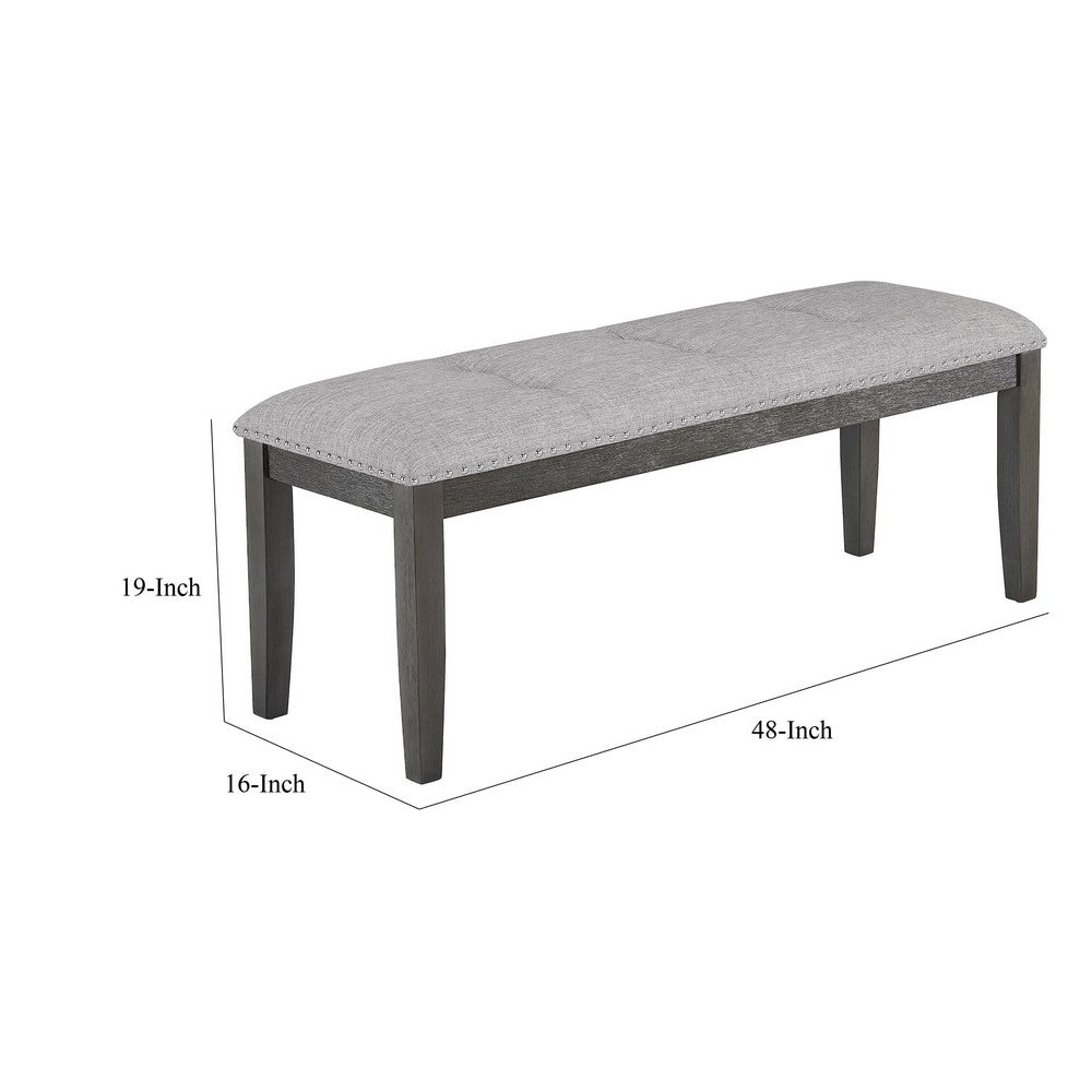 Benjara Amber 48 Inch Bench, Fabric Upholstery, Cushioned Wood Frame, Gray