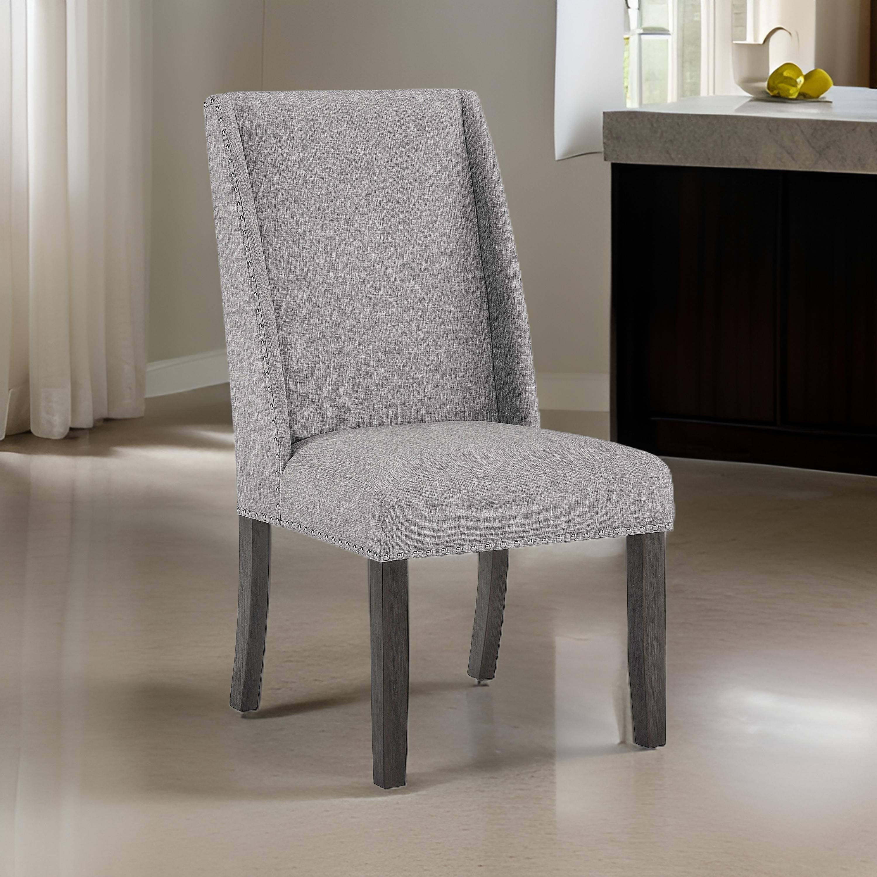 Benjara Amber 27 Inch Dining Side Chair Set of 2, Cushioned Gray Fabric Upholstery