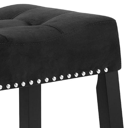 Benjara Jordan 26 Inch Counter Height Stool, Set of 2, Saddle Seat, Black Leather And Wood
