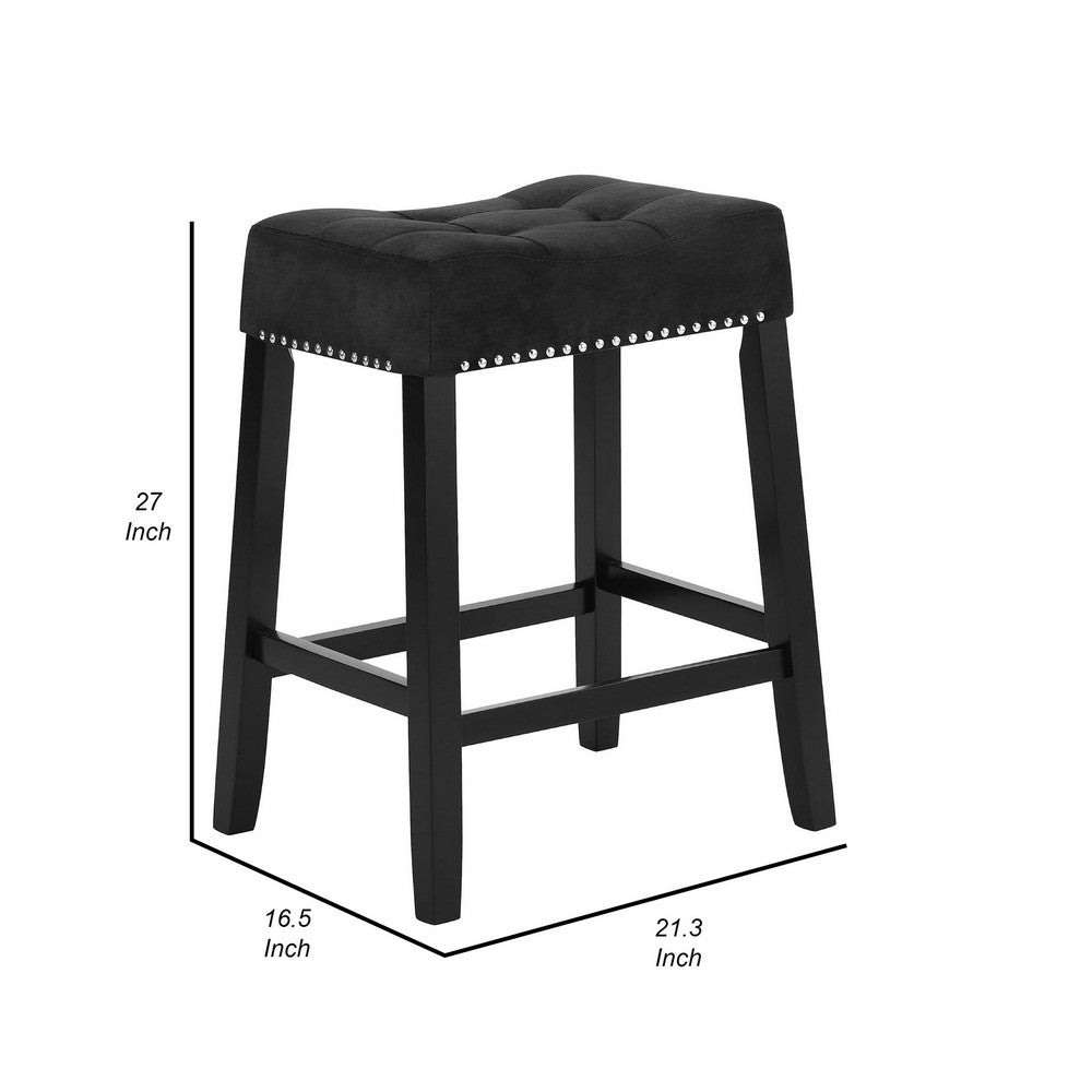 Benjara Jordan 26 Inch Counter Height Stool, Set of 2, Saddle Seat, Black Leather And Wood