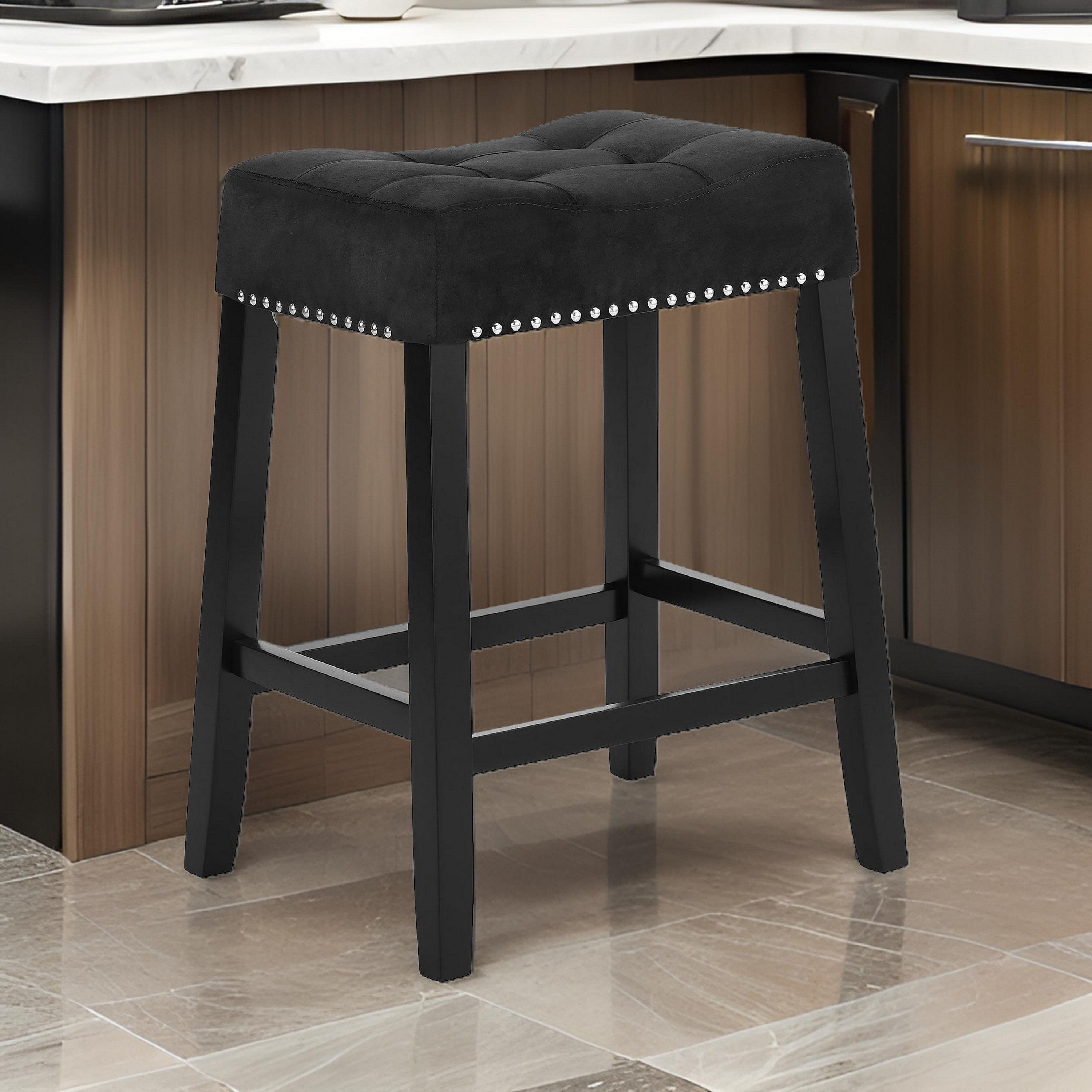 Benjara Jordan 26 Inch Counter Height Stool, Set of 2, Saddle Seat, Black Leather And Wood
