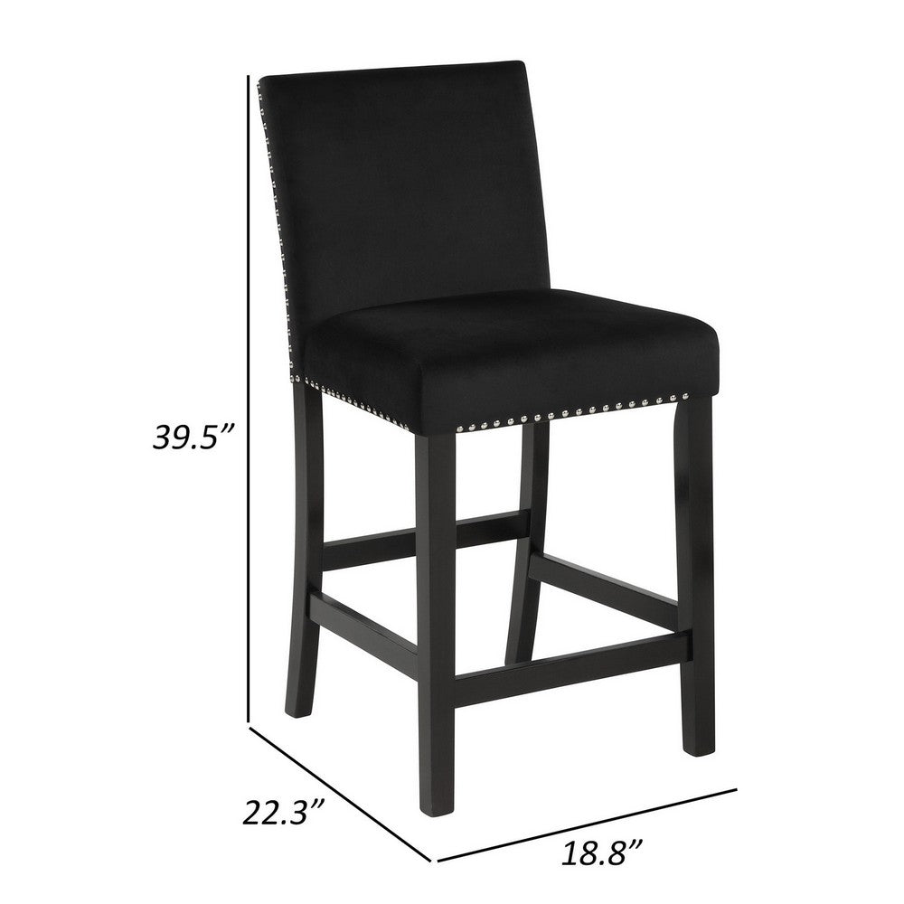 Benjara Jordan 24 Inch Counter Side Chair Set of 2, Velvet Upholstery, Wood, Black