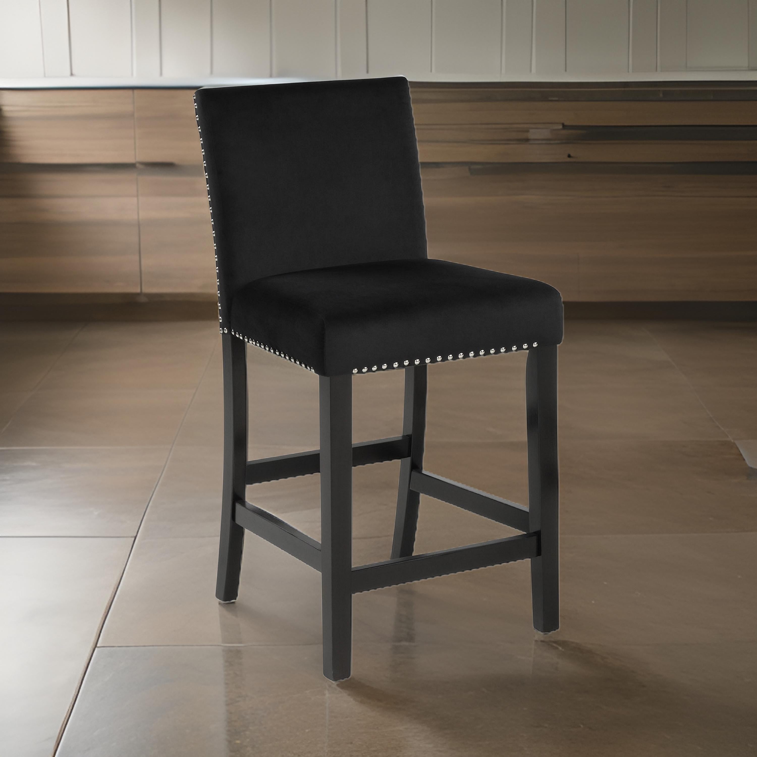 Benjara Jordan 24 Inch Counter Side Chair Set of 2, Velvet Upholstery, Wood, Black