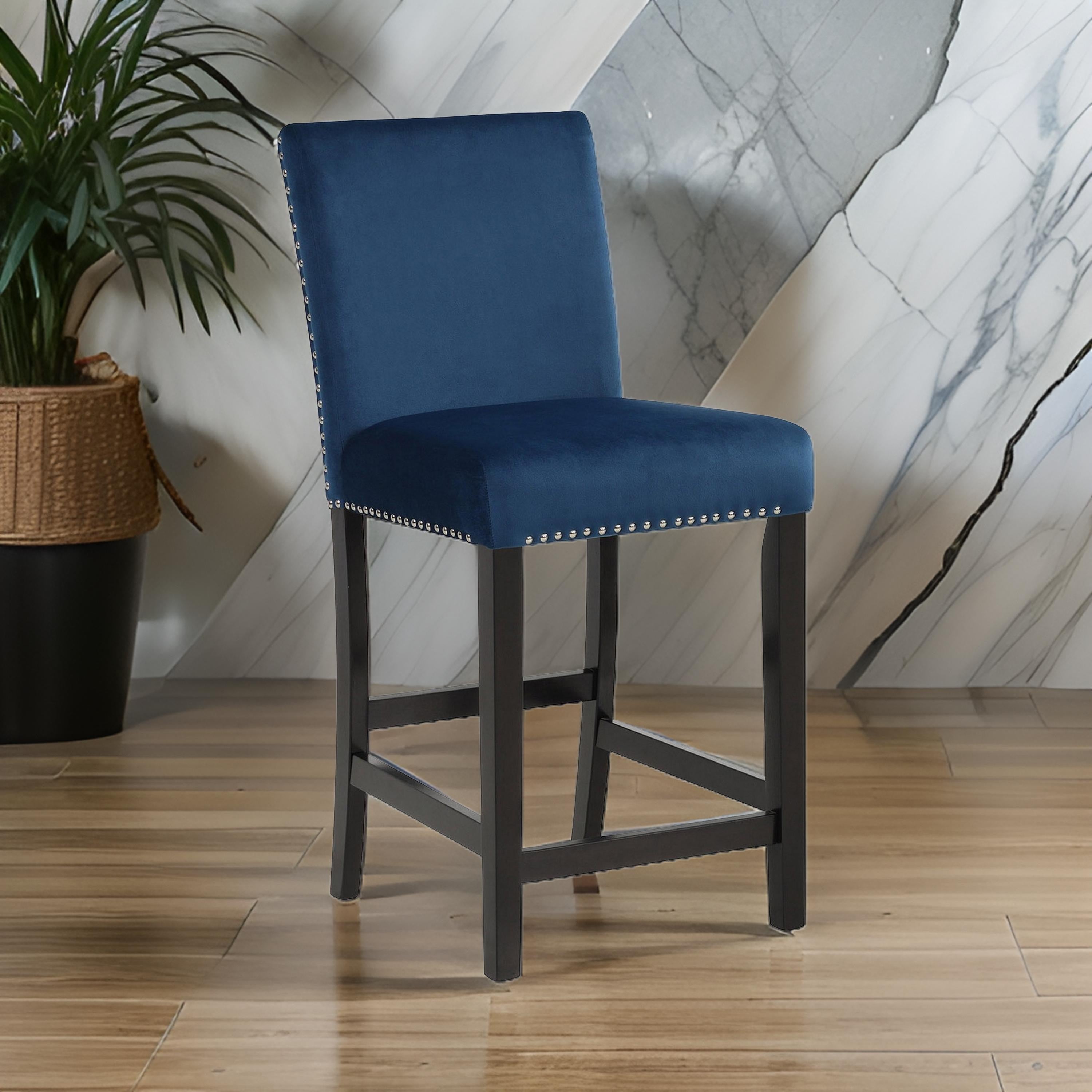 Benjara Jordan 24 Inch Counter Height Side Chair Set of 2, Fabric Upholstery, Blue