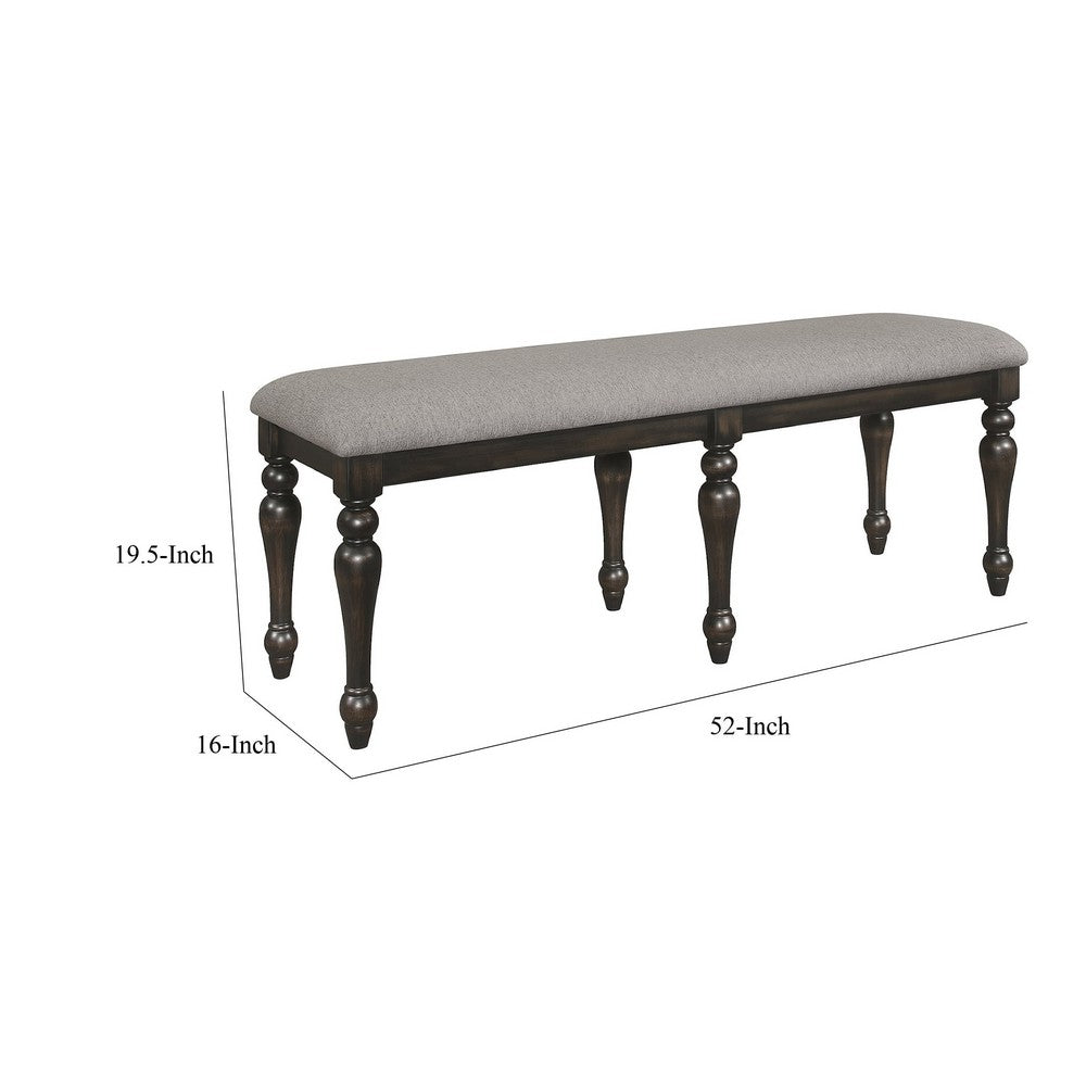Benjara Lauren 52 Inch Bench, Classic Wood Frame, Cushioned Gray Fabric Upholstery