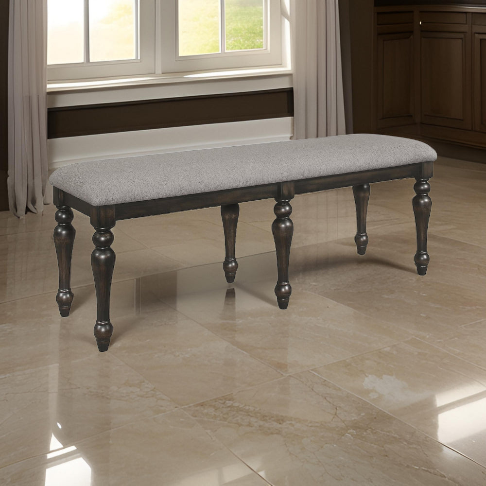 Benjara Lauren 52 Inch Bench, Classic Wood Frame, Cushioned Gray Fabric Upholstery