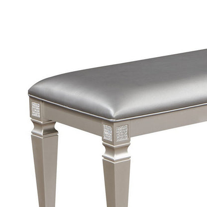 Benjara Scott 60 Inch Dining Bench, Sparkling Silver Gray Faux Leather, Wood Frame