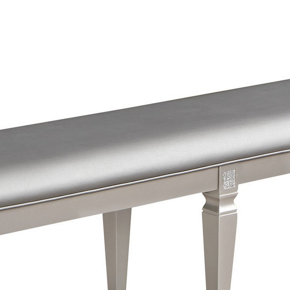 Benjara Scott 60 Inch Dining Bench, Sparkling Silver Gray Faux Leather, Wood Frame