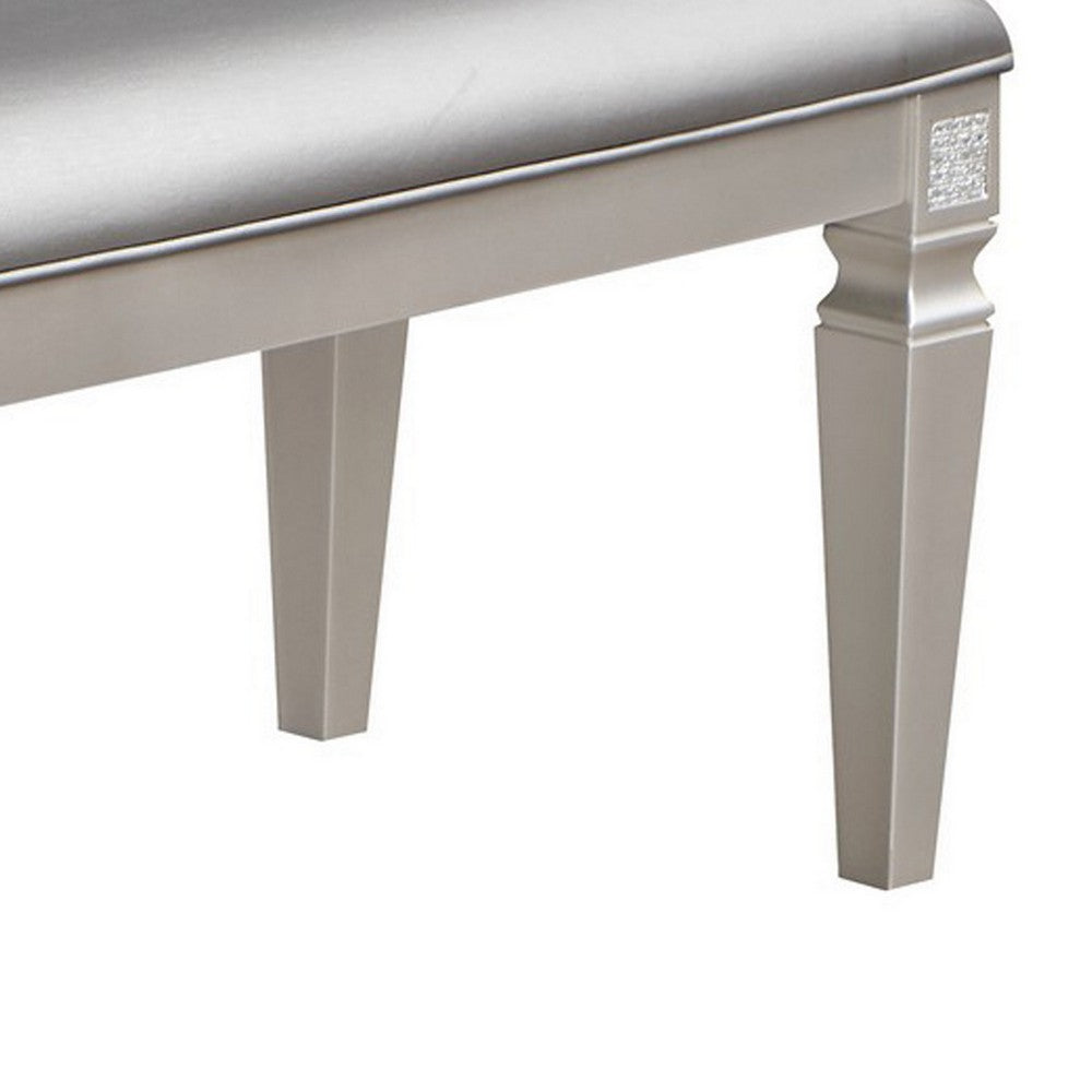 Benjara Scott 60 Inch Dining Bench, Sparkling Silver Gray Faux Leather, Wood Frame