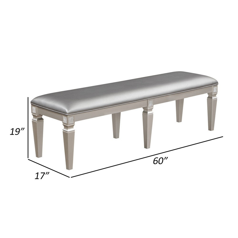 Benjara Scott 60 Inch Dining Bench, Sparkling Silver Gray Faux Leather, Wood Frame