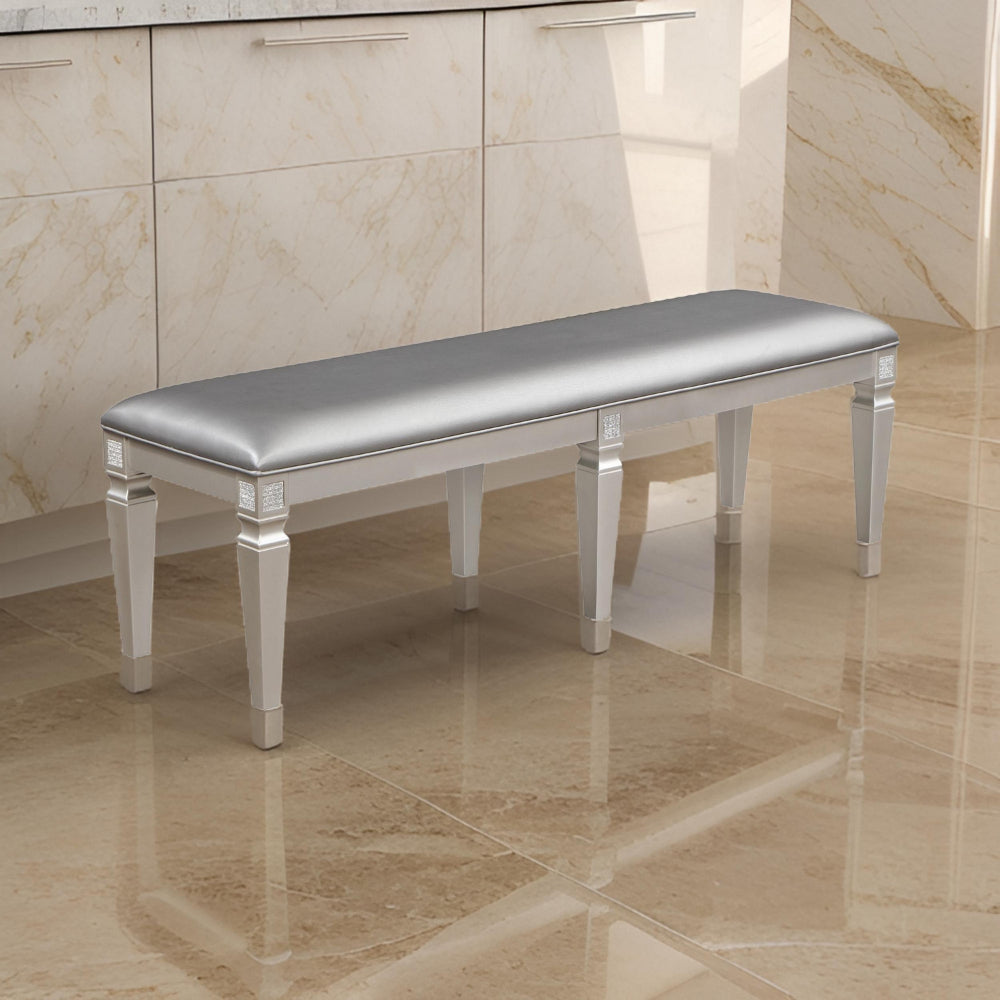 Benjara Scott 60 Inch Dining Bench, Sparkling Silver Gray Faux Leather, Wood Frame
