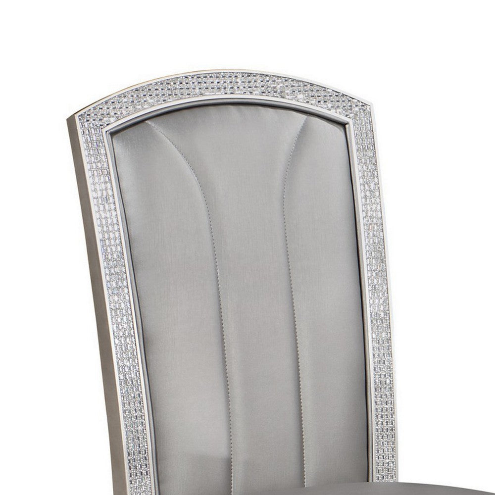 Benjara Scott 19 Inch Dining Side Chair Set of 2, Gray Faux Leather, Taupe Wood