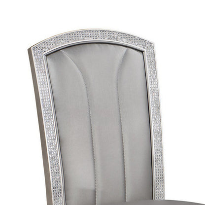 Benjara Scott 19 Inch Dining Side Chair Set of 2, Gray Faux Leather, Taupe Wood
