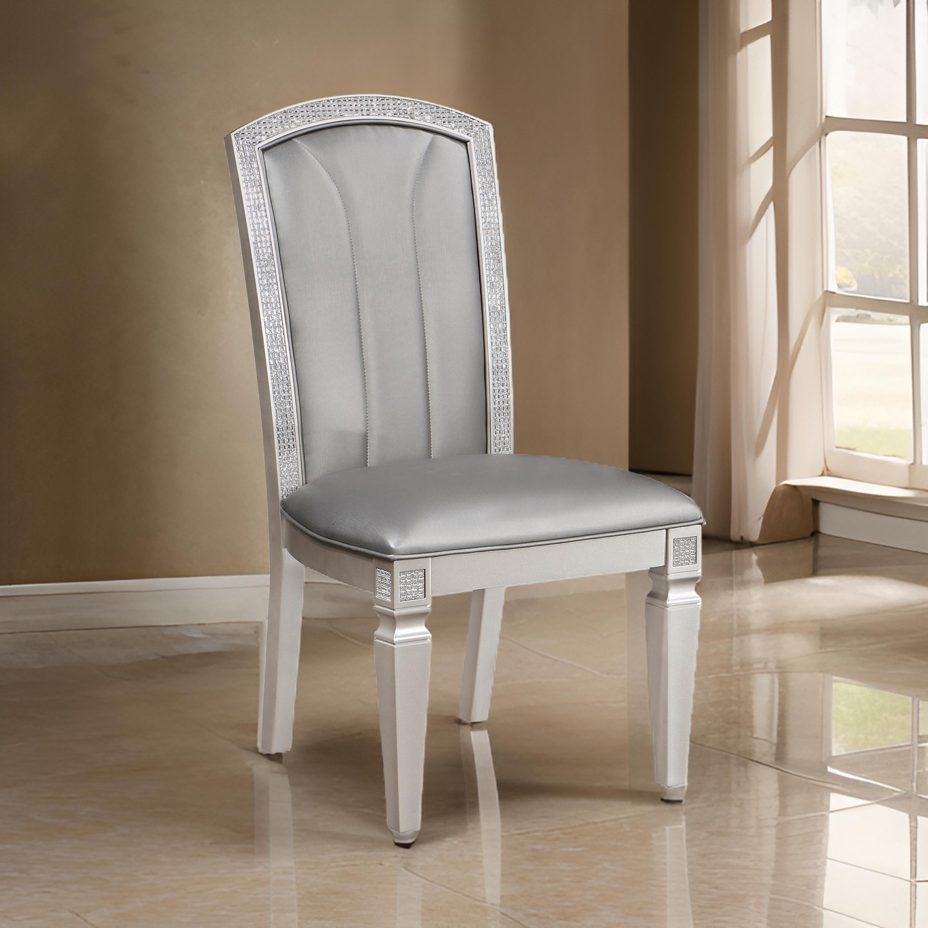 Benjara Scott 19 Inch Dining Side Chair Set of 2, Gray Faux Leather, Taupe Wood