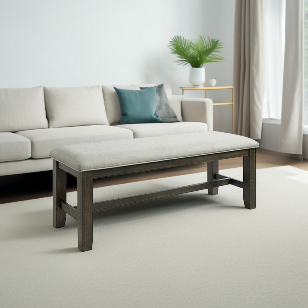 Benjara Cameron 50 Inch Bench, Brown Wood Frame, Gray Poly Linen Upholstery