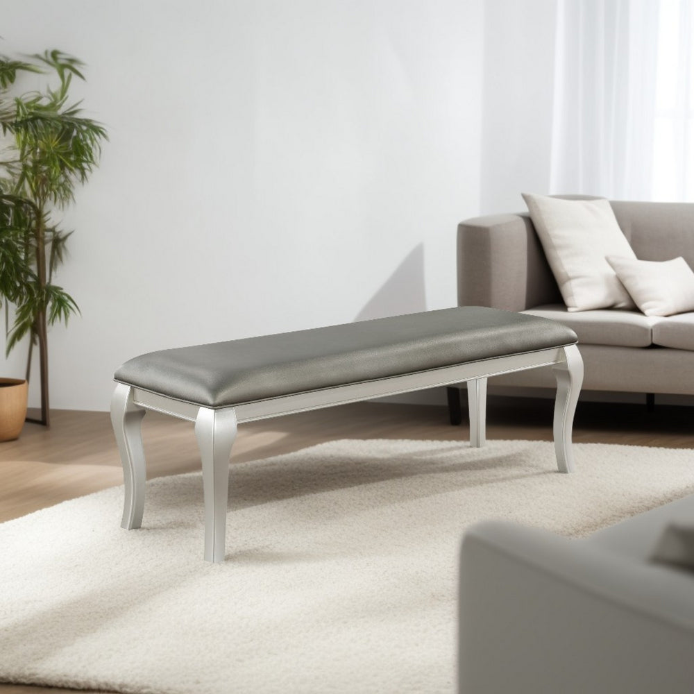 Benjara Harrison 52 Inch Bench, Wood Frame, Faux Leather, Cabriole Legs, Gray