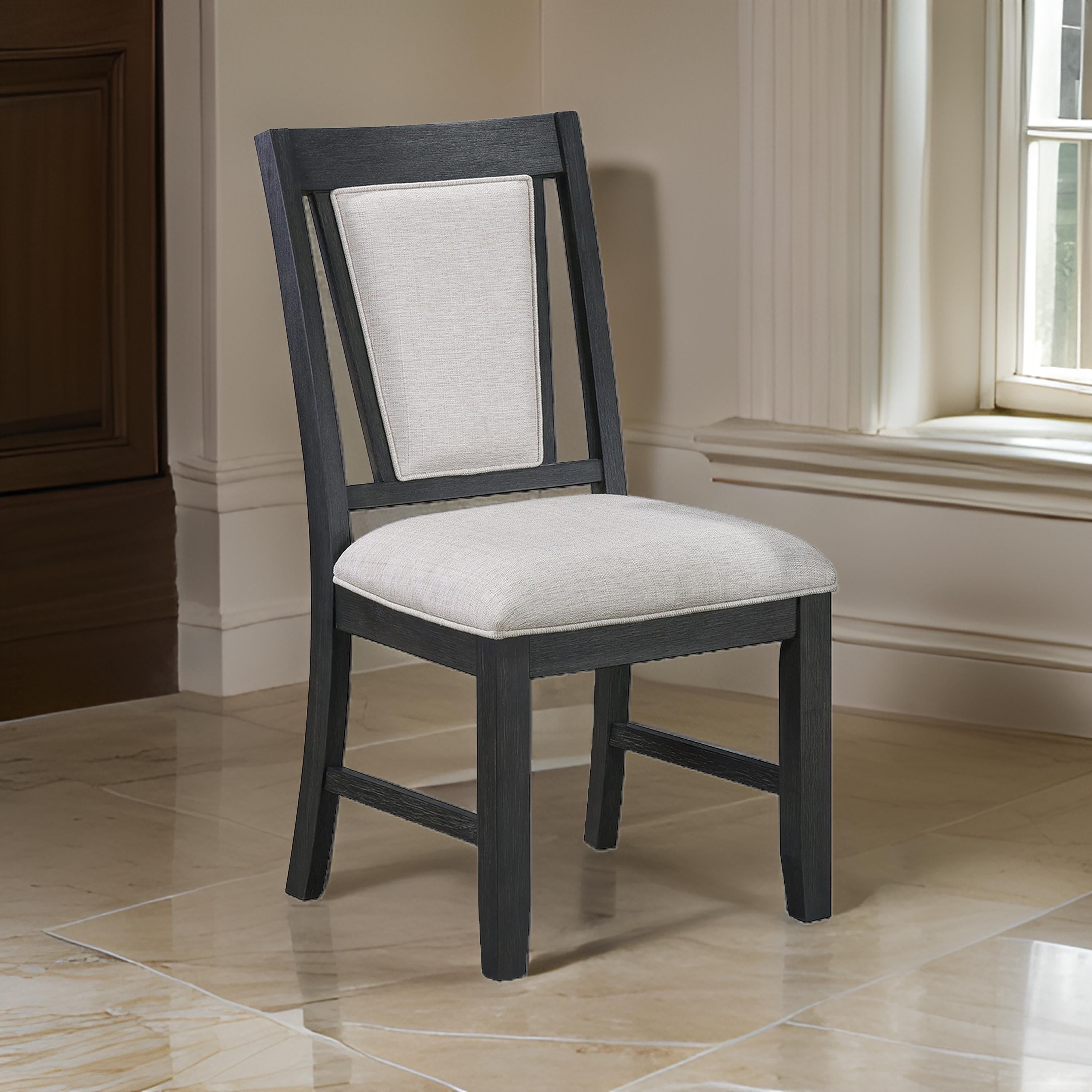 Benjara Jackson 19 Inch Side Chair Set of 2, Black Wood Frame, Off White Poly Linen