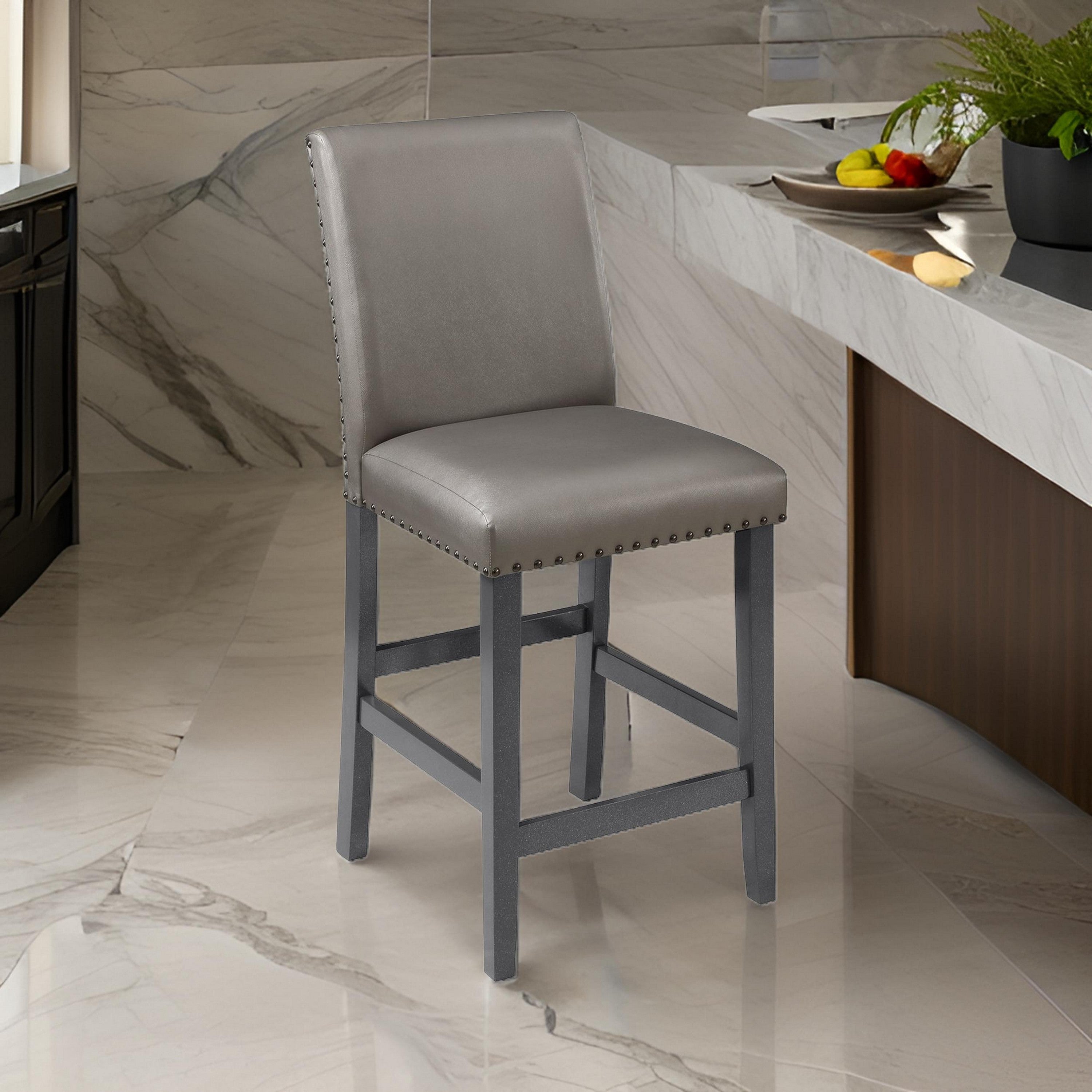 Benjara Scarlett 26 Inch Counter Height Chair Set of 2, Plush Gray Faux Leather