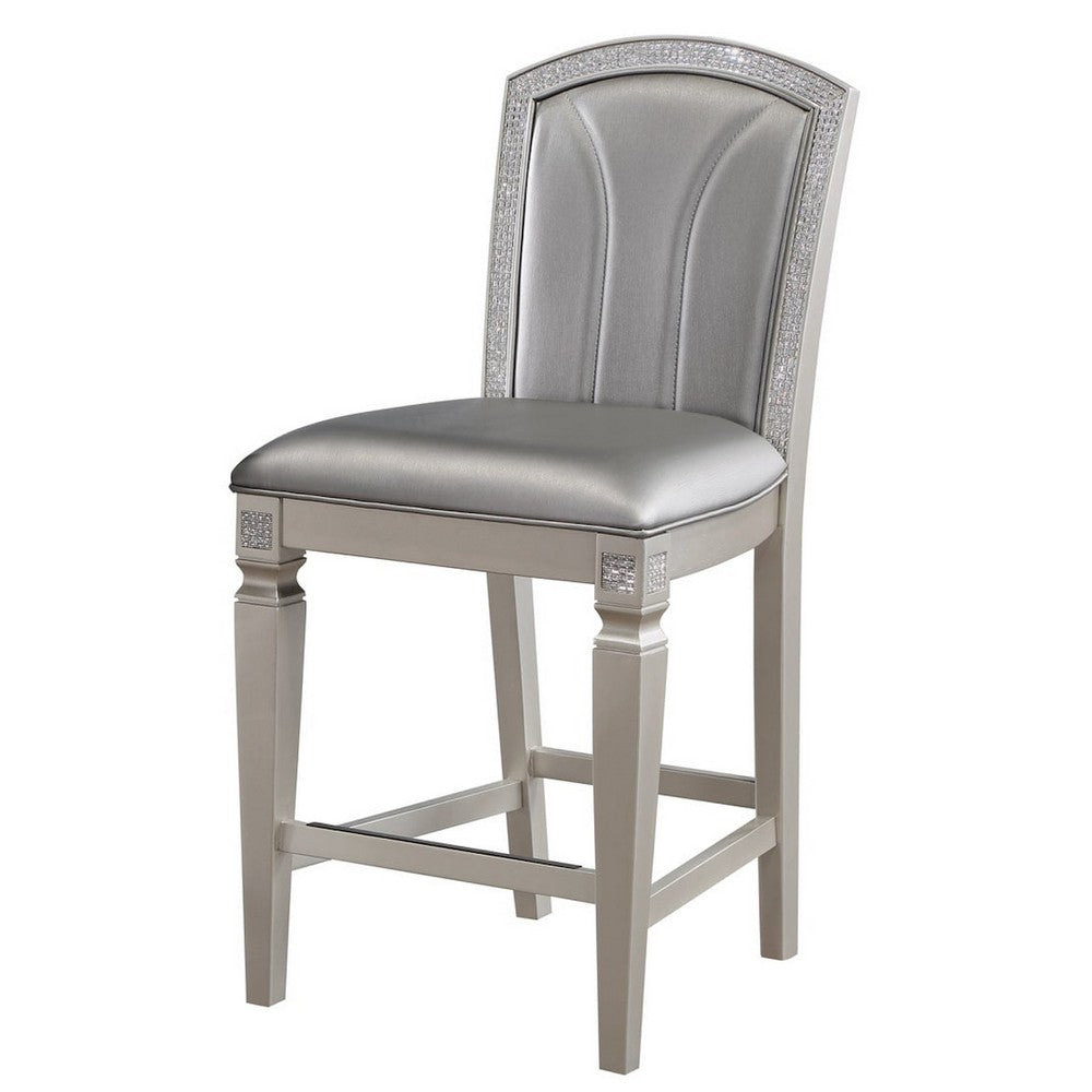Benjara Scott 26 Inch Counter Height Chair Set of 2, Wood Frame, Faux Leather, Gray