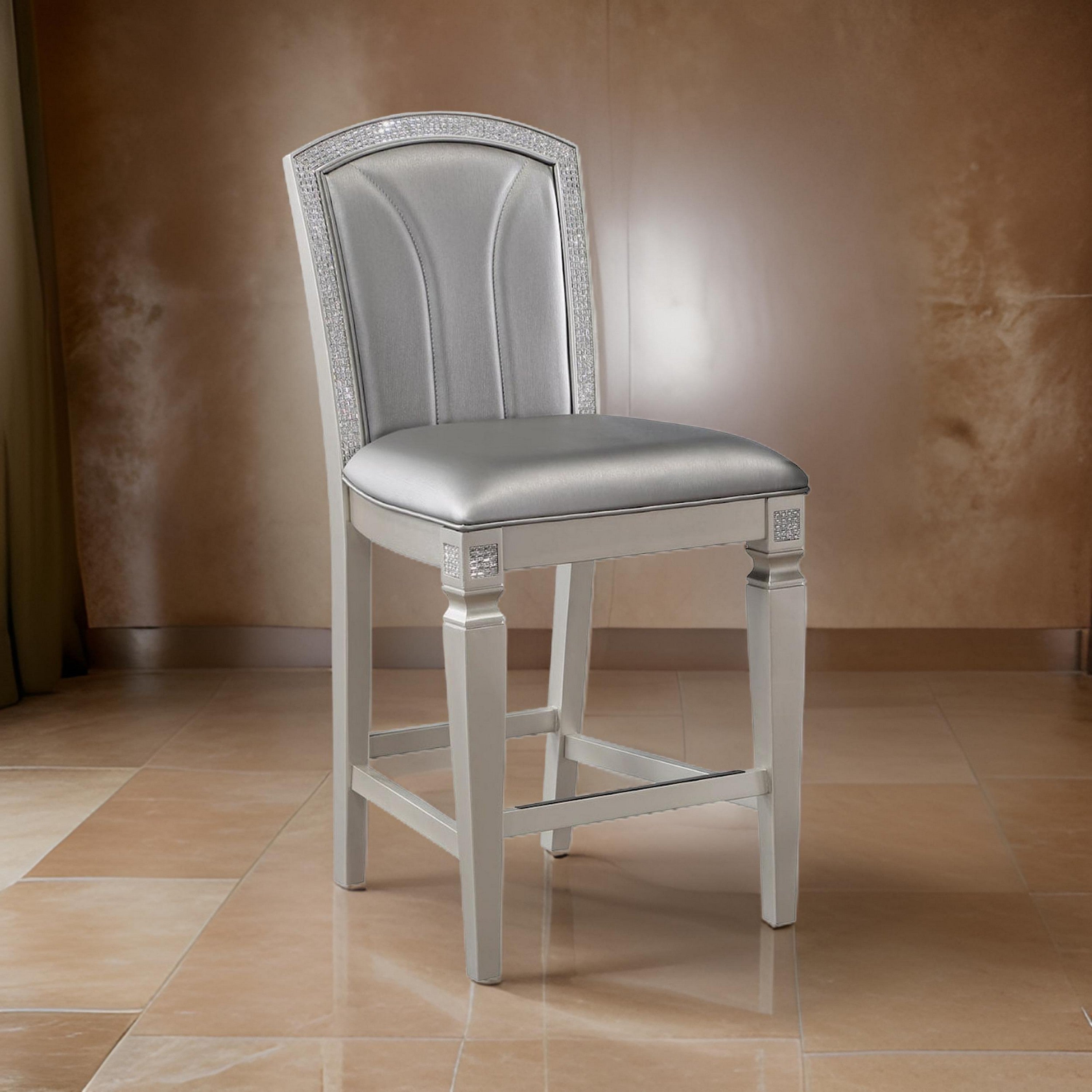 Benjara Scott 26 Inch Counter Height Chair Set of 2, Wood Frame, Faux Leather, Gray