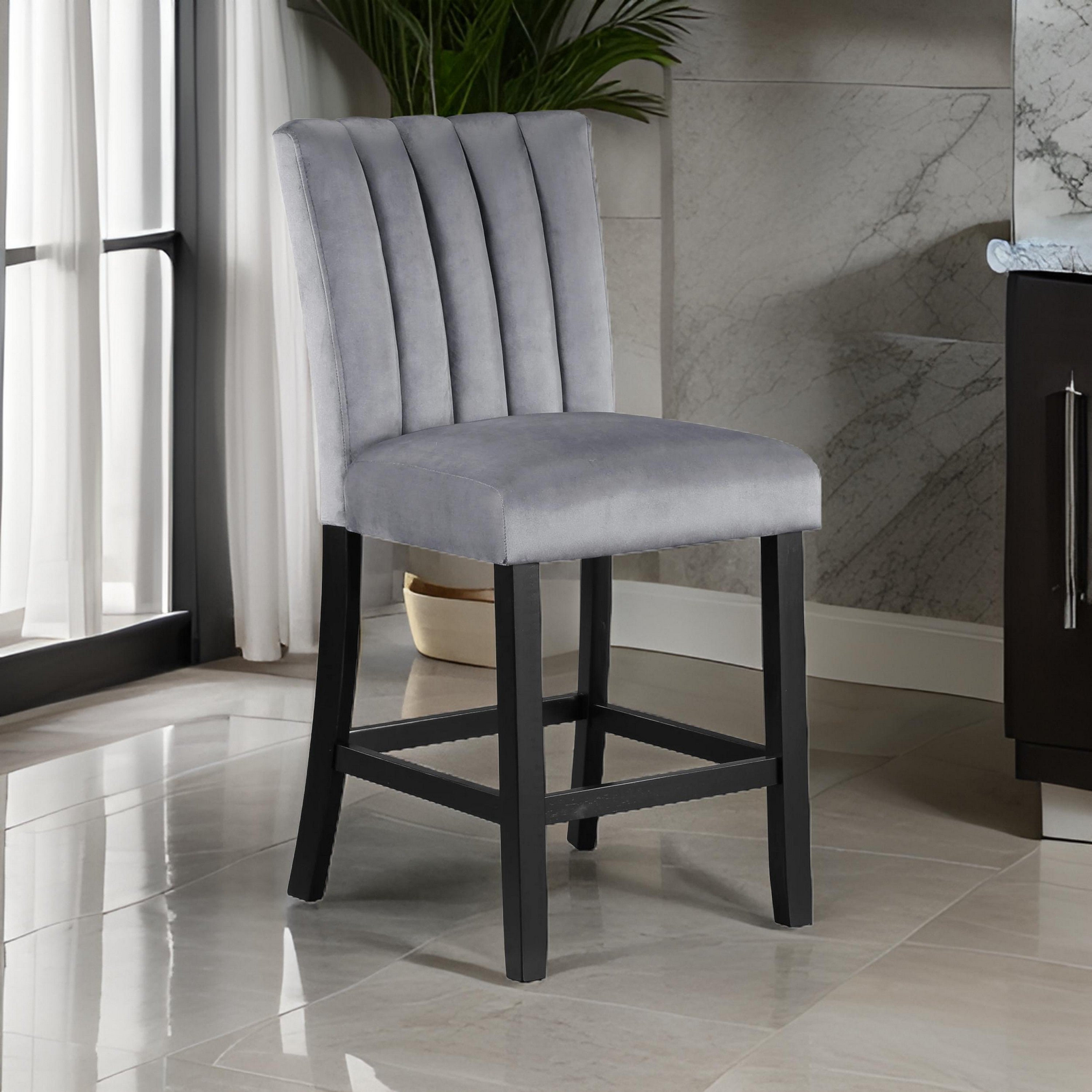 Benjara Marcus 26 Inch Counter Height Chair Set of 2, Channel Tufted, Wood, Gray
