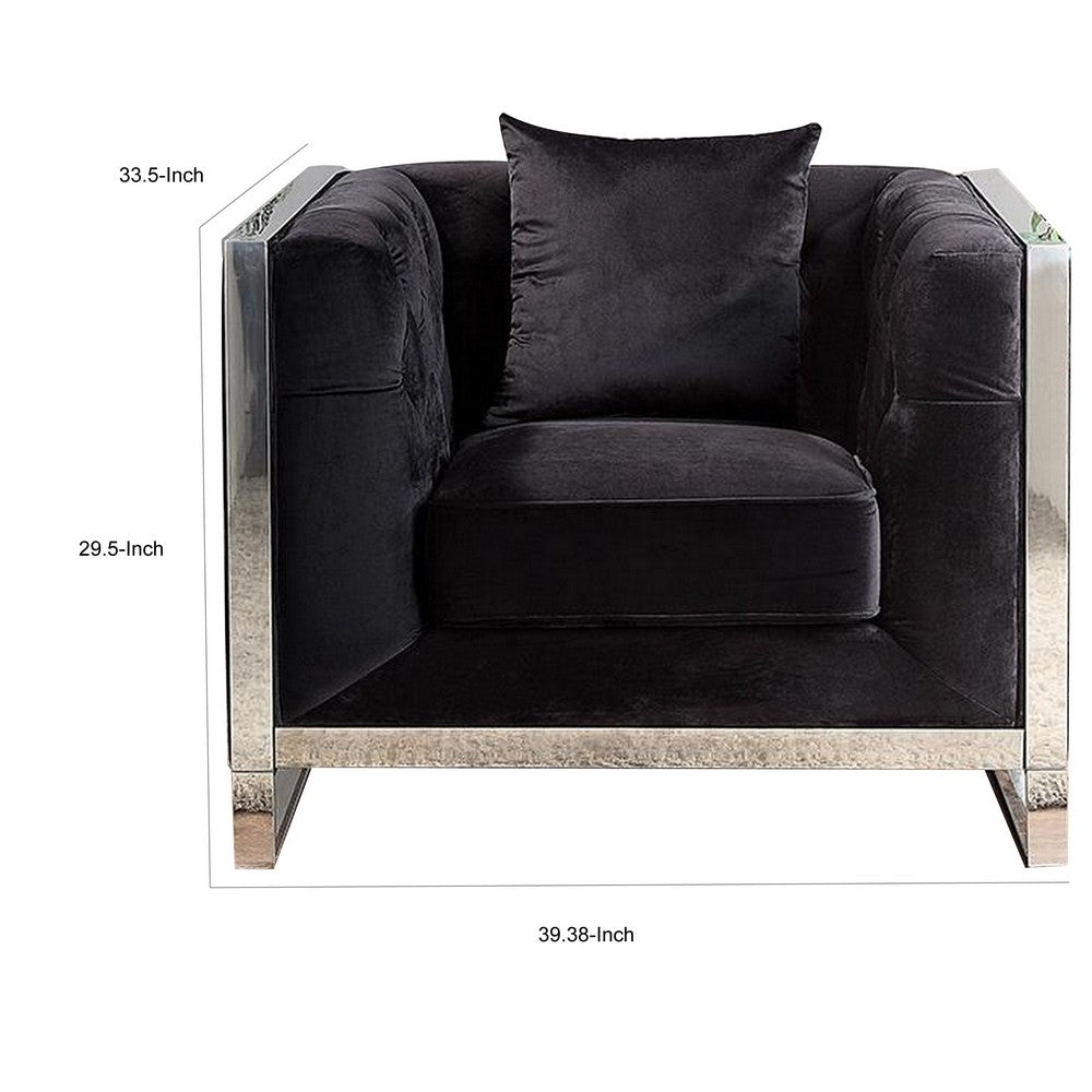 Benjara Vade 39 Inch Accent Chair, Stainless Steel Frame, Tufted Black Flannelette