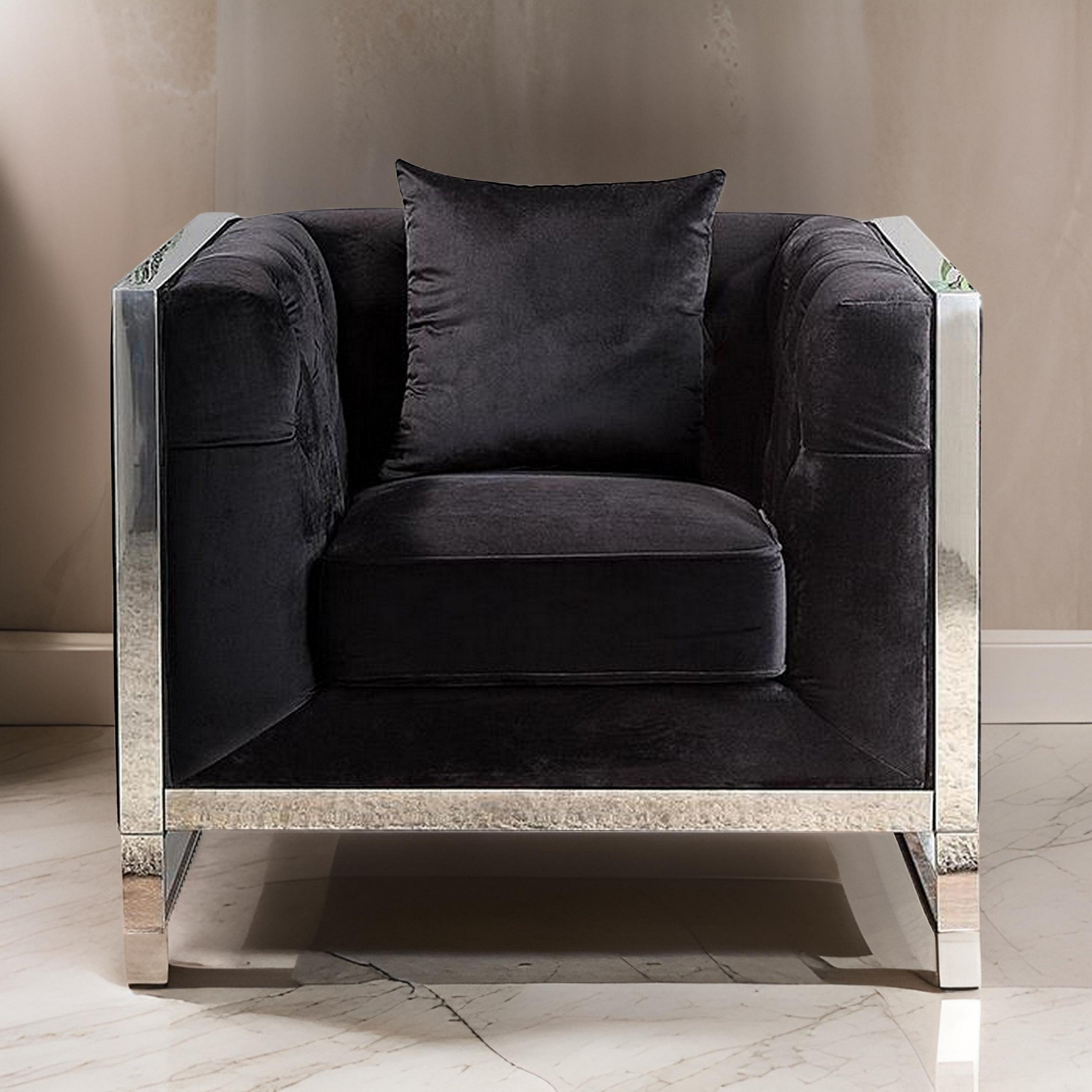 Benjara Vade 39 Inch Accent Chair, Stainless Steel Frame, Tufted Black Flannelette