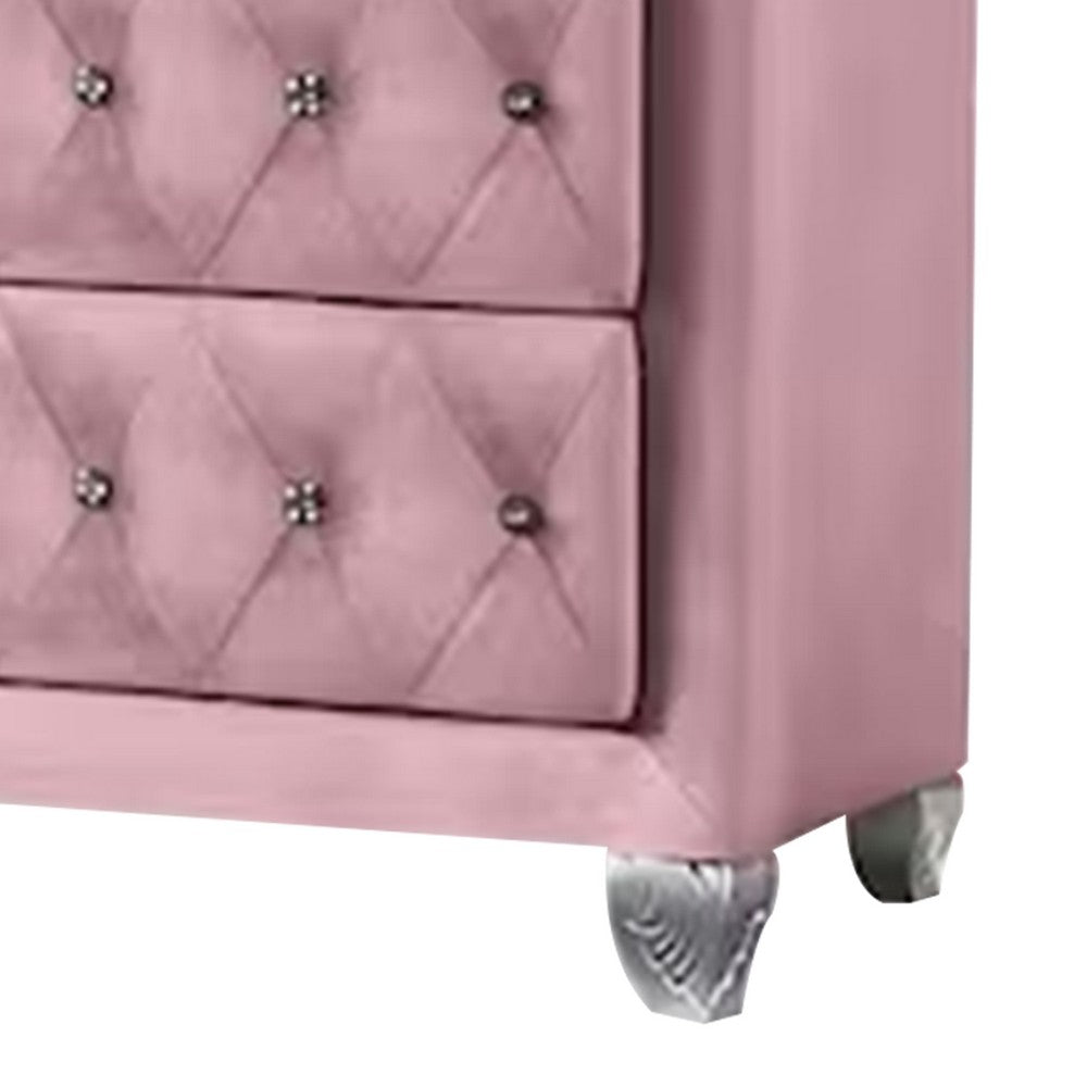 Benjara Zoha 49 Inch Tall Dresser Chest, 5 Drawer, Cabriole Legs, Pink Upholstery