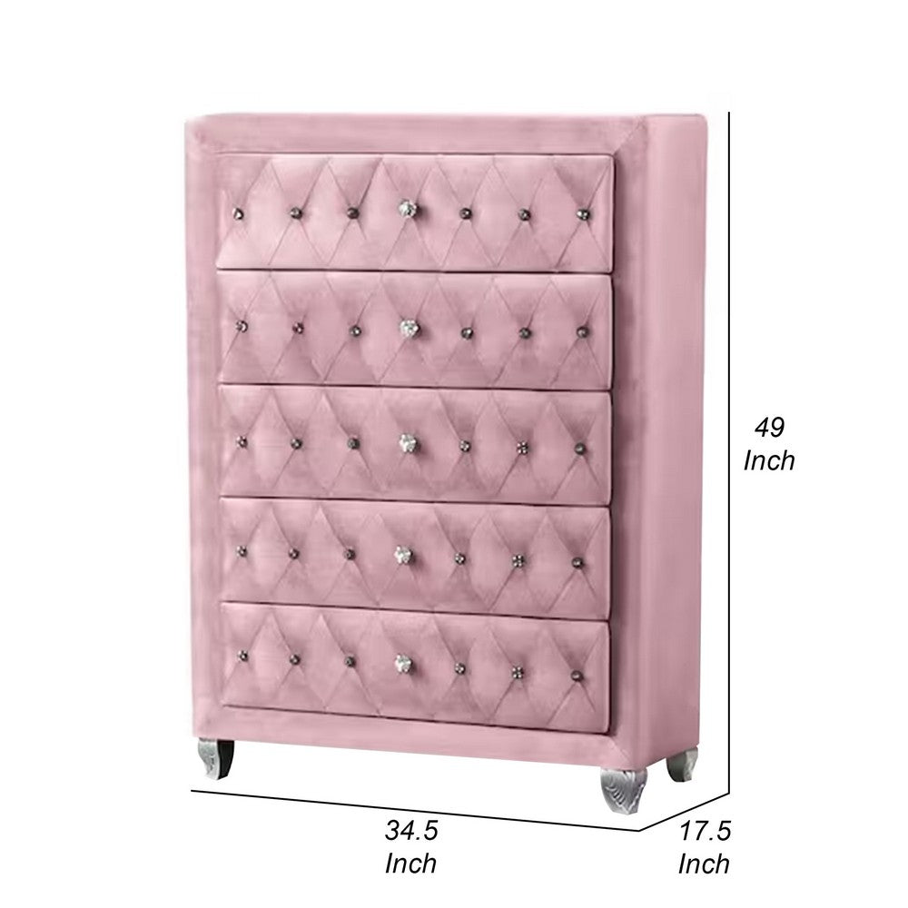 Benjara Zoha 49 Inch Tall Dresser Chest, 5 Drawer, Cabriole Legs, Pink Upholstery