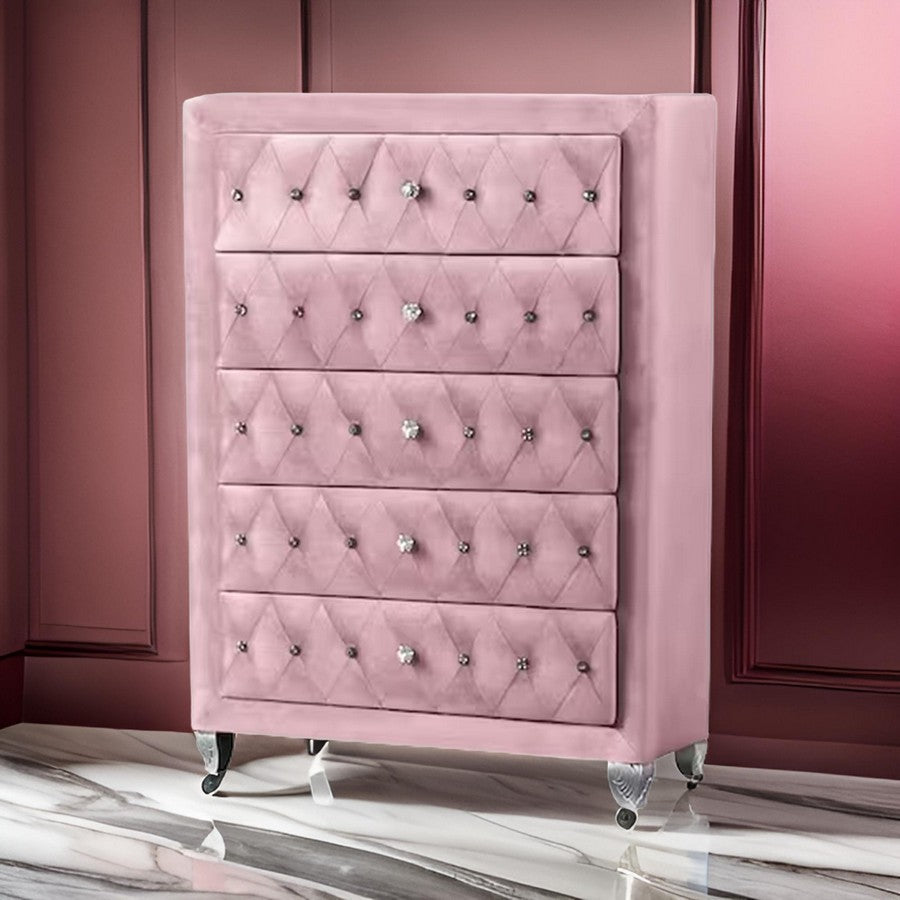 Benjara Zoha 49 Inch Tall Dresser Chest, 5 Drawer, Cabriole Legs, Pink Upholstery