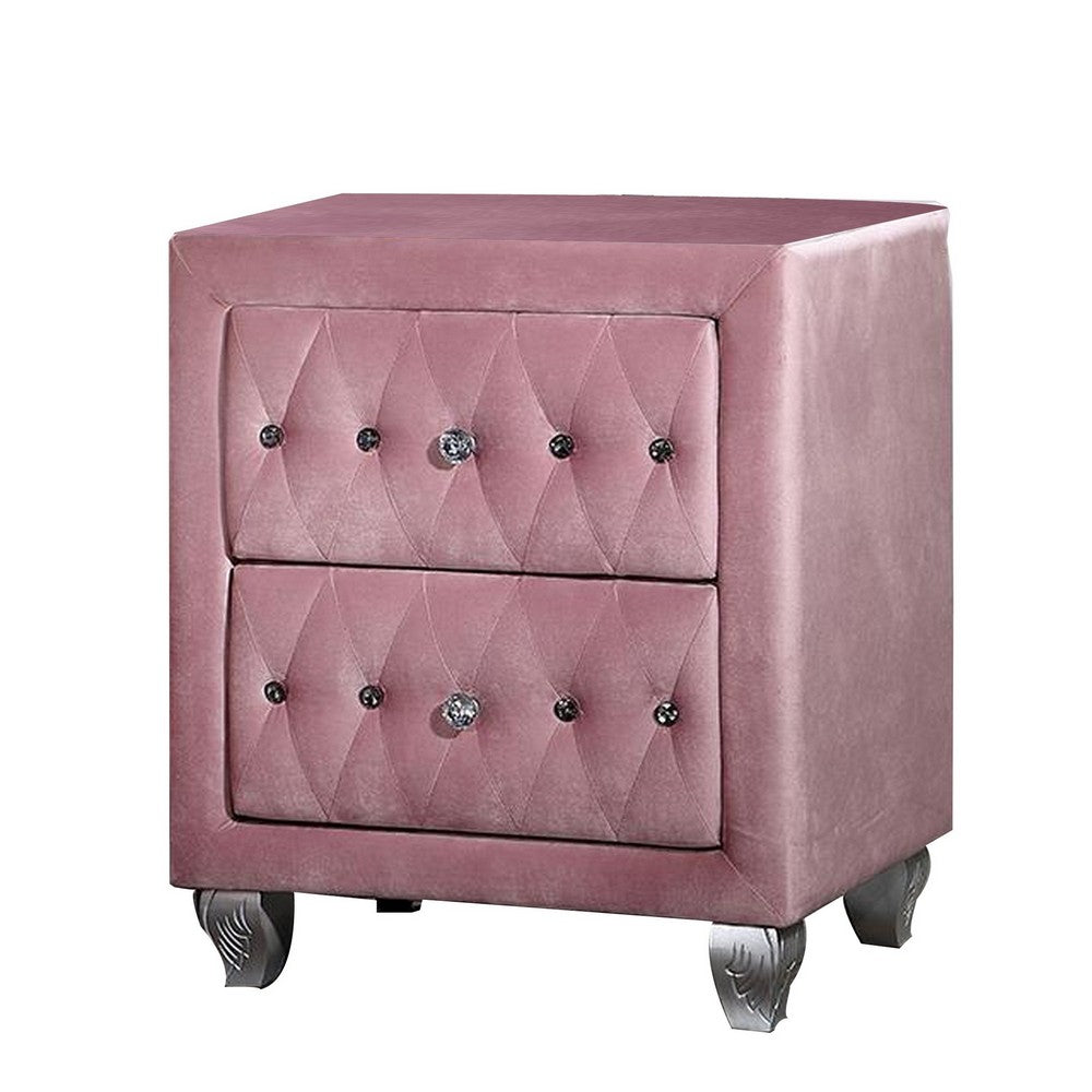 Benjara Zoha 26 Inch Nightstand, 2 Drawer, Cabriole Legs, Wood, Pink Upholstery