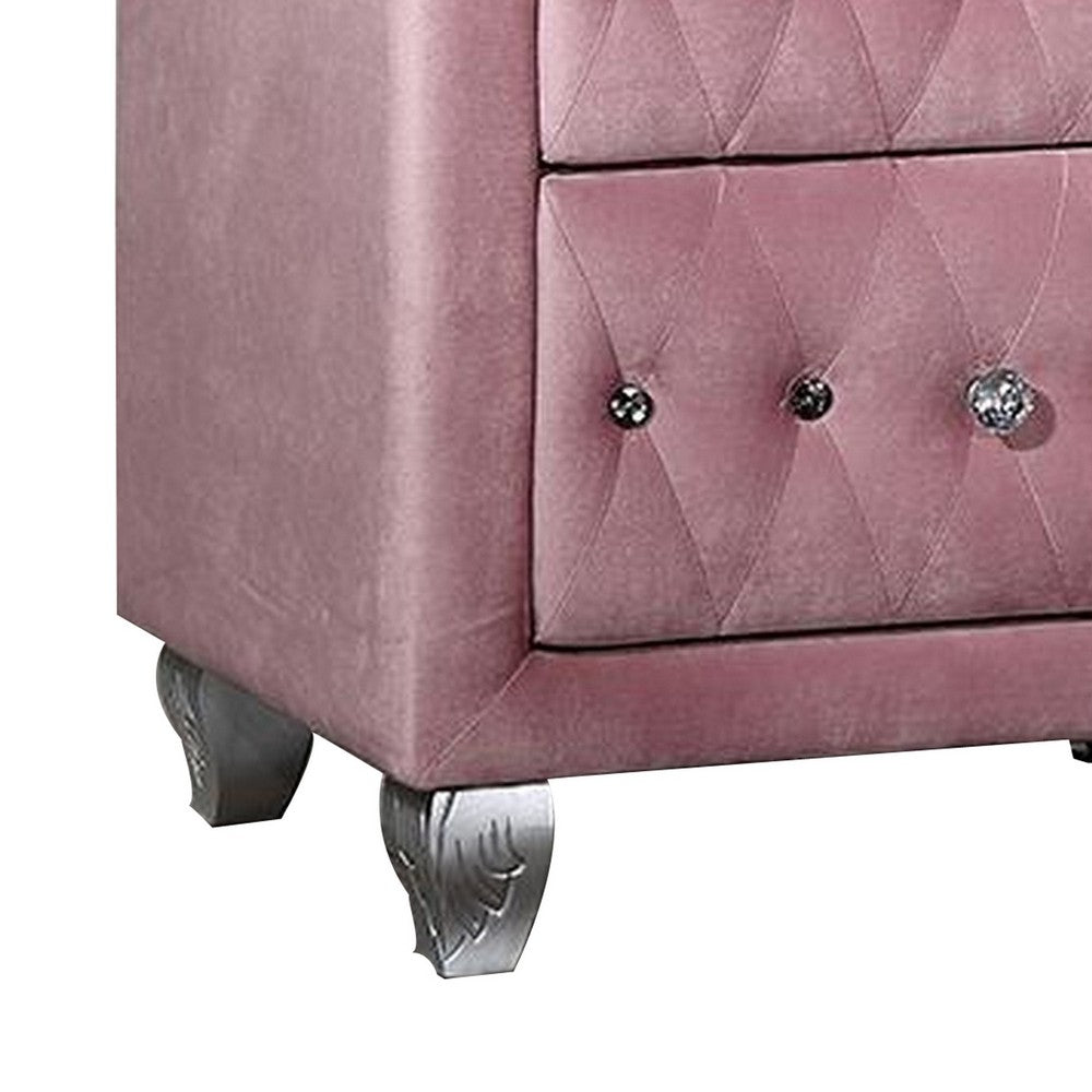 Benjara Zoha 26 Inch Nightstand, 2 Drawer, Cabriole Legs, Wood, Pink Upholstery