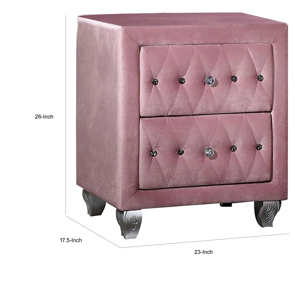 Benjara Zoha 26 Inch Nightstand, 2 Drawer, Cabriole Legs, Wood, Pink Upholstery