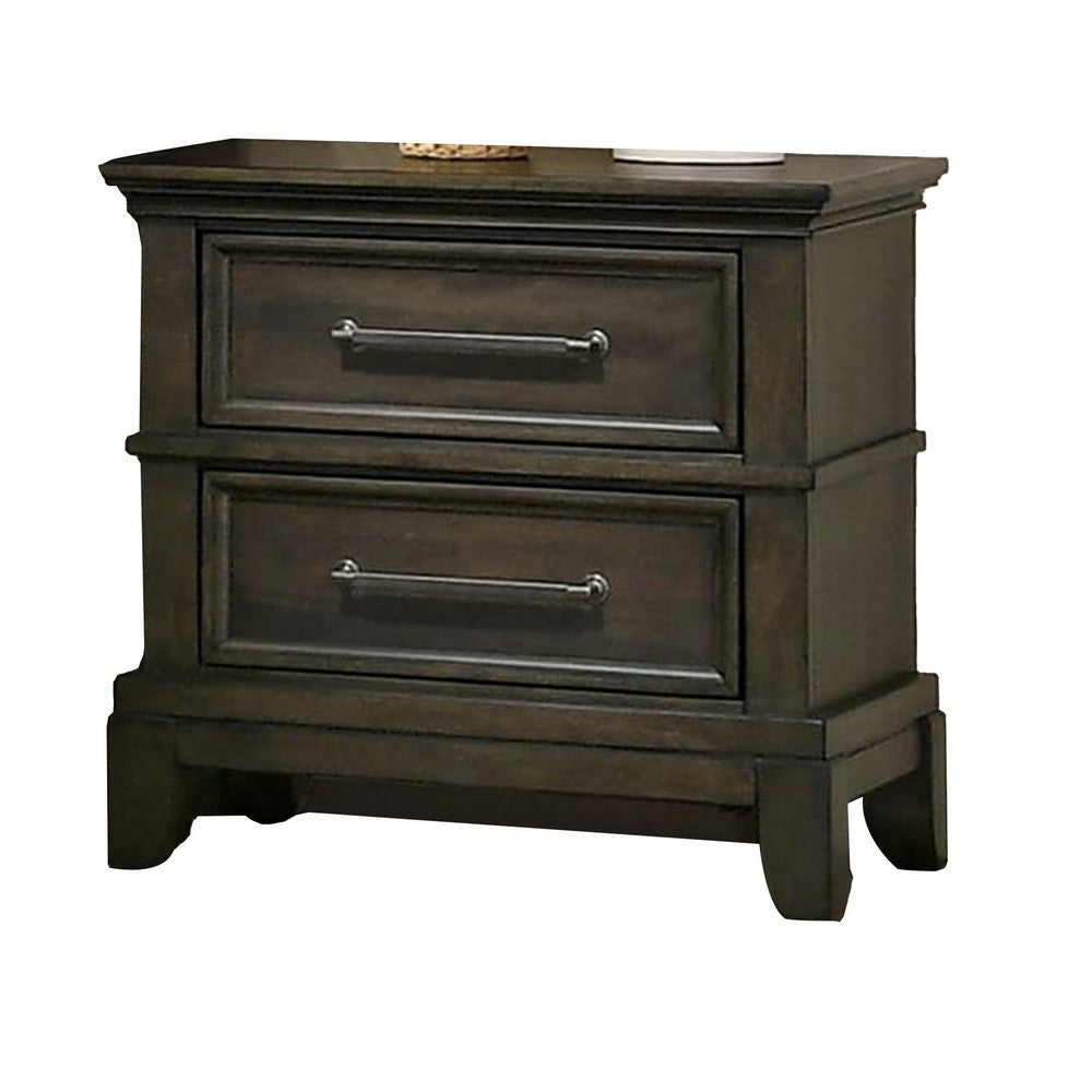 Benjara Ston 26 Inch Nightstand, 2 Drawers, Pewter Handles, Crown Mold, Wood, Gray