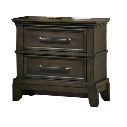 Benjara Ston 26 Inch Nightstand, 2 Drawers, Pewter Handles, Crown Mold, Wood, Gray