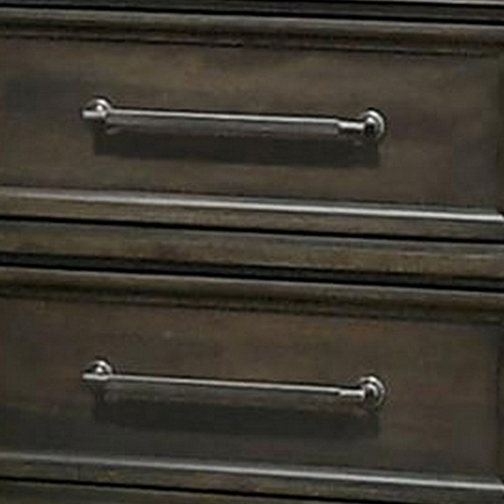 Benjara Ston 26 Inch Nightstand, 2 Drawers, Pewter Handles, Crown Mold, Wood, Gray