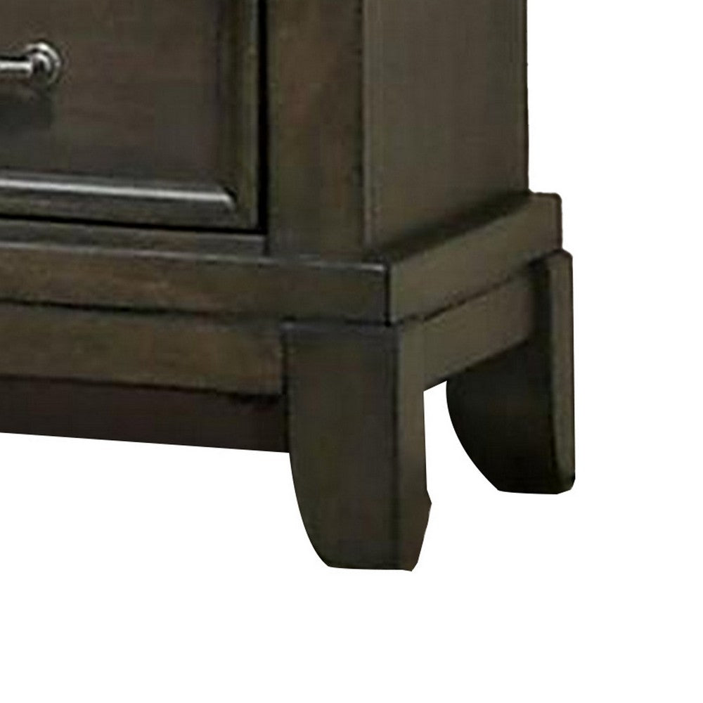 Benjara Ston 26 Inch Nightstand, 2 Drawers, Pewter Handles, Crown Mold, Wood, Gray