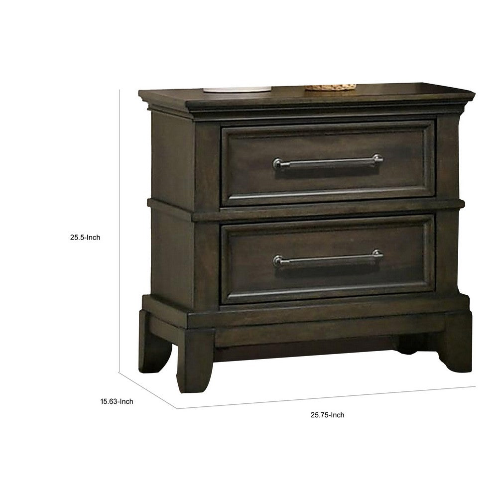 Benjara Ston 26 Inch Nightstand, 2 Drawers, Pewter Handles, Crown Mold, Wood, Gray