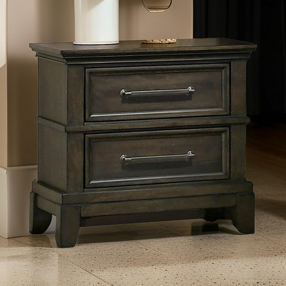 Benjara Ston 26 Inch Nightstand, 2 Drawers, Pewter Handles, Crown Mold, Wood, Gray