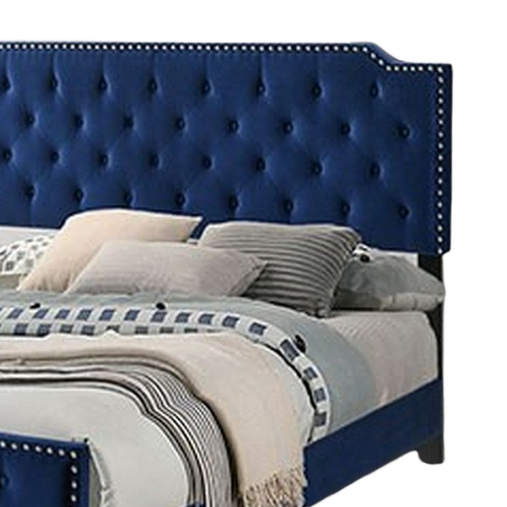 Benjara Agapi California King Bed, Button Tufted, Nailhead Trim, Navy Upholstery