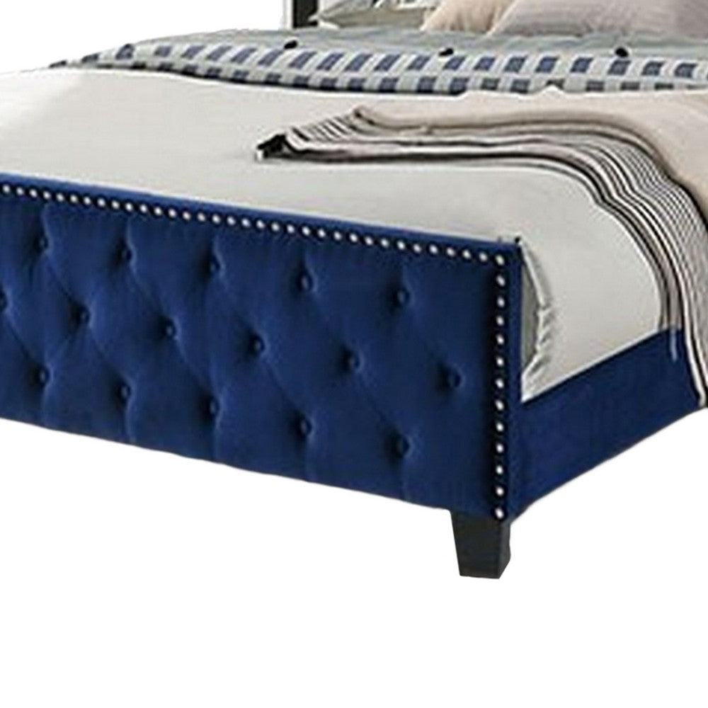 Benjara Agapi California King Bed, Button Tufted, Nailhead Trim, Navy Upholstery