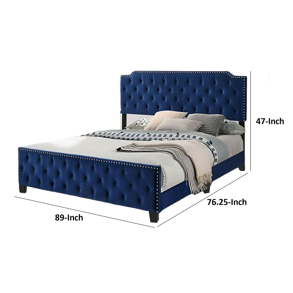 Benjara Agapi California King Bed, Button Tufted, Nailhead Trim, Navy Upholstery