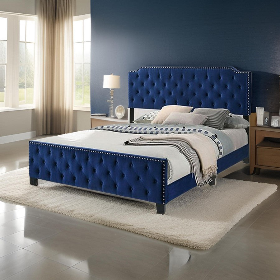 Benjara Agapi California King Bed, Button Tufted, Nailhead Trim, Navy Upholstery