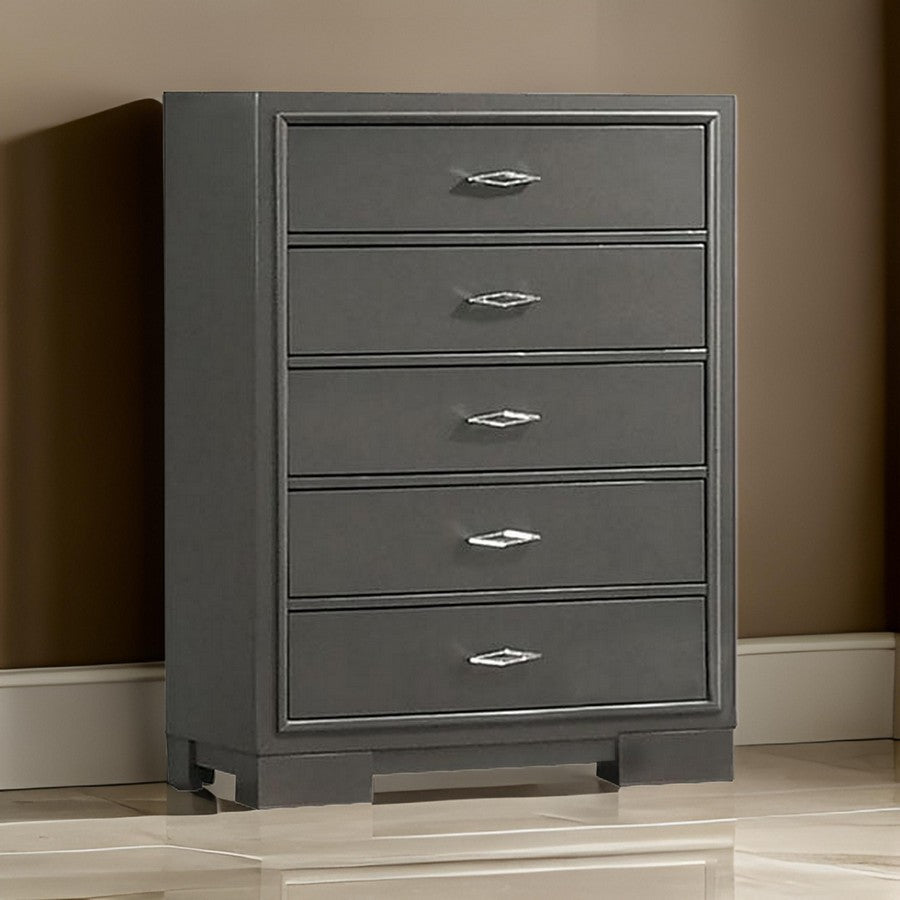 Benjara Aliso 47 Inch Tall Dresser Chest, 5 Drawers, Solid Wood, Dark Gray Finish