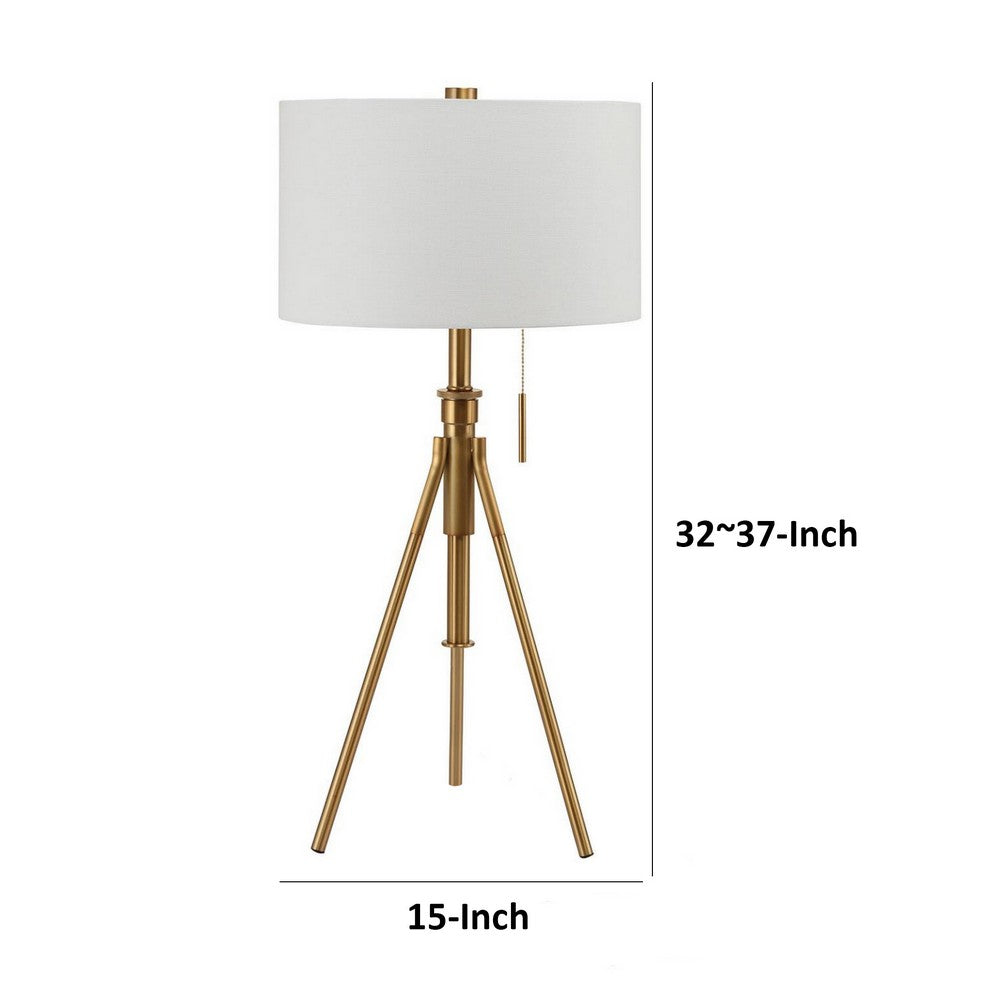 Benjara 32-37 Inch Table Lamp, Adjustable Height, Modern Tripod Legs, Metal, Gold