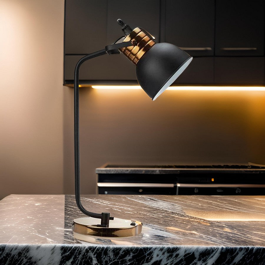 Benjara 24 Inch Table Lamp, Angled Stem, Round Base, Metal, Black, Antique Gold