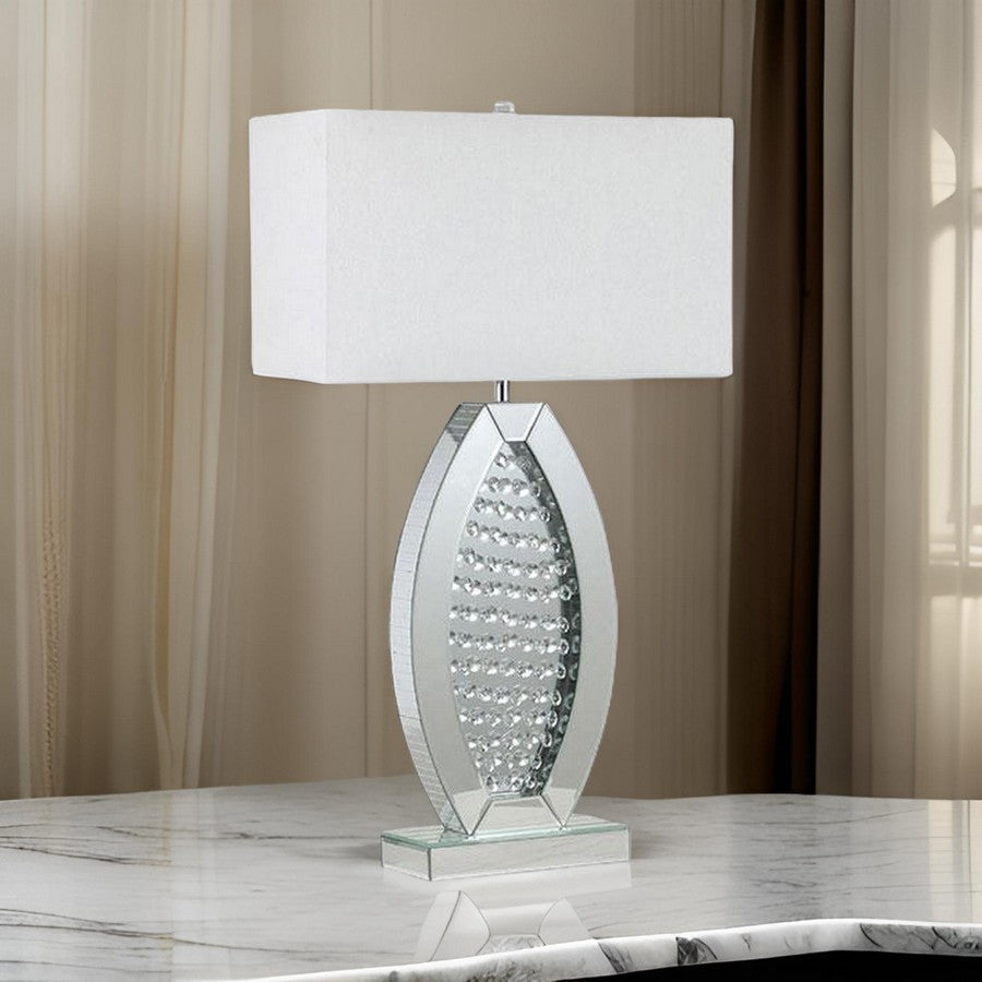Benjara 30 Inch Table Lamp, Acrylic Crystal, Rectangular Shade, Curved, Silver