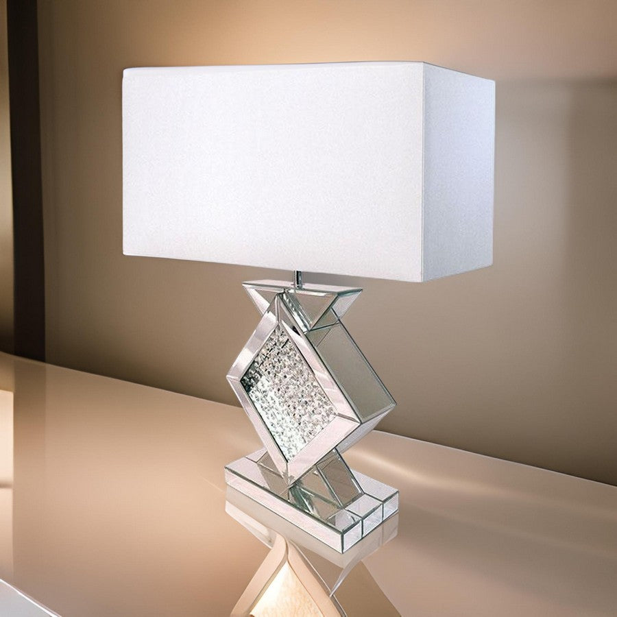 Benjara 27 Inch Table Lamp, Acrylic Crystals, Diamond Base, Champagne Silver Metal